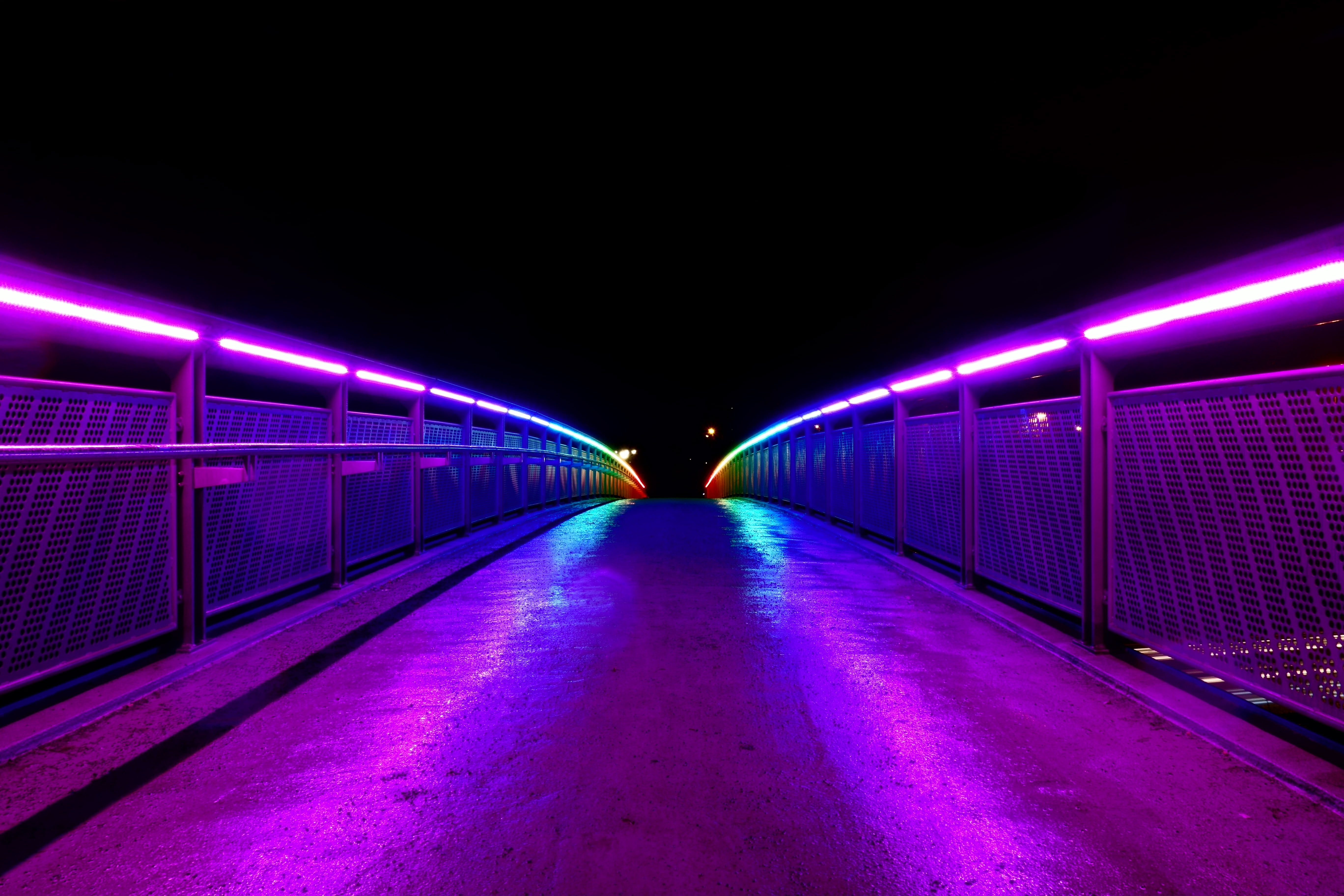 light - Natural Phenomenon, electric Lamp, urban Scene, empty, gray, street, dusk, night, metal, bridge, fluorescent light, diminishing Perspective, glowing, HD Wallpaper