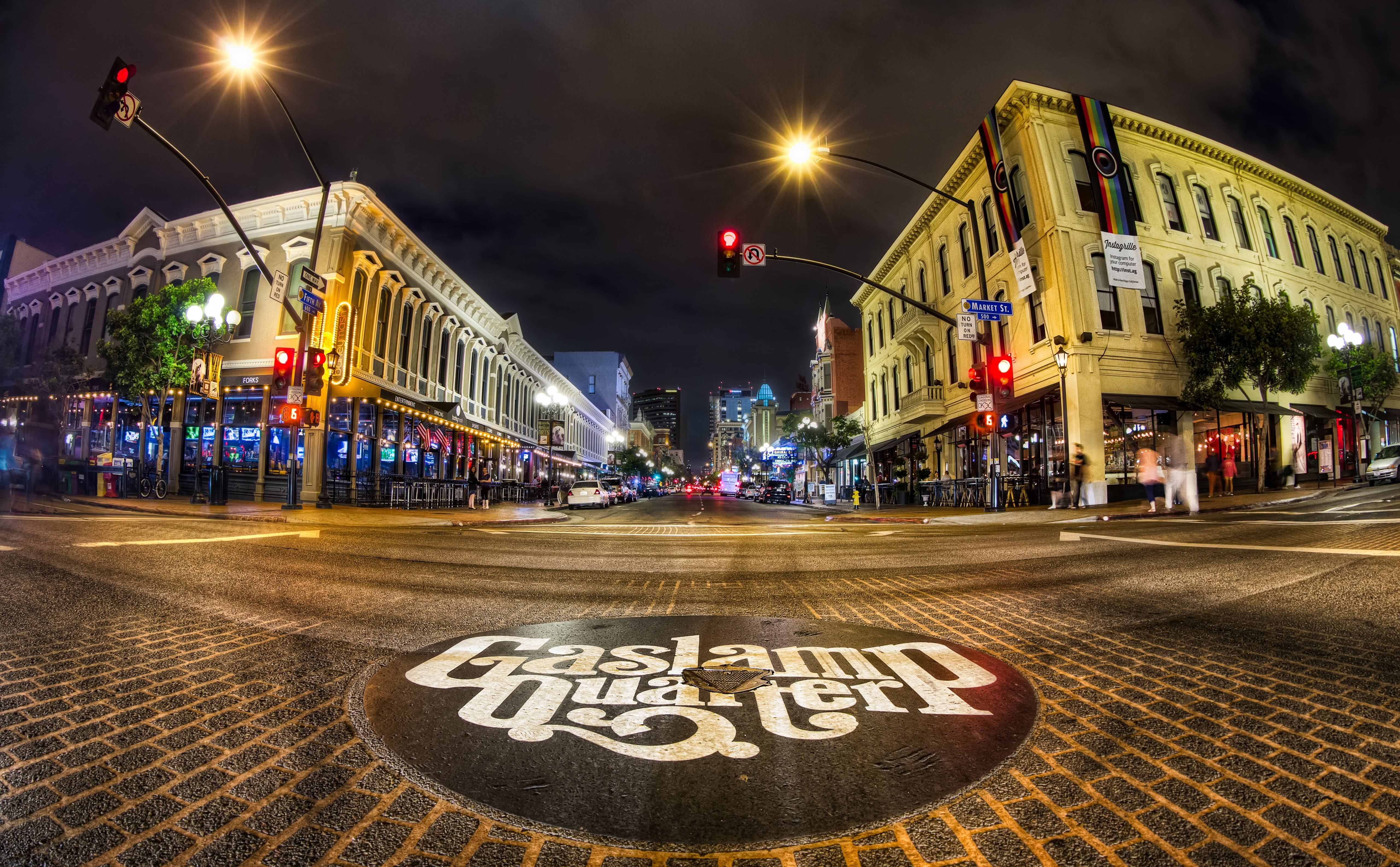 Gaslamp Quarter, 5K, city street, transportation, building exterior, sign, gaslamp, road, Market Street, City, California, built structure, office building exterior, HD Wallpaper