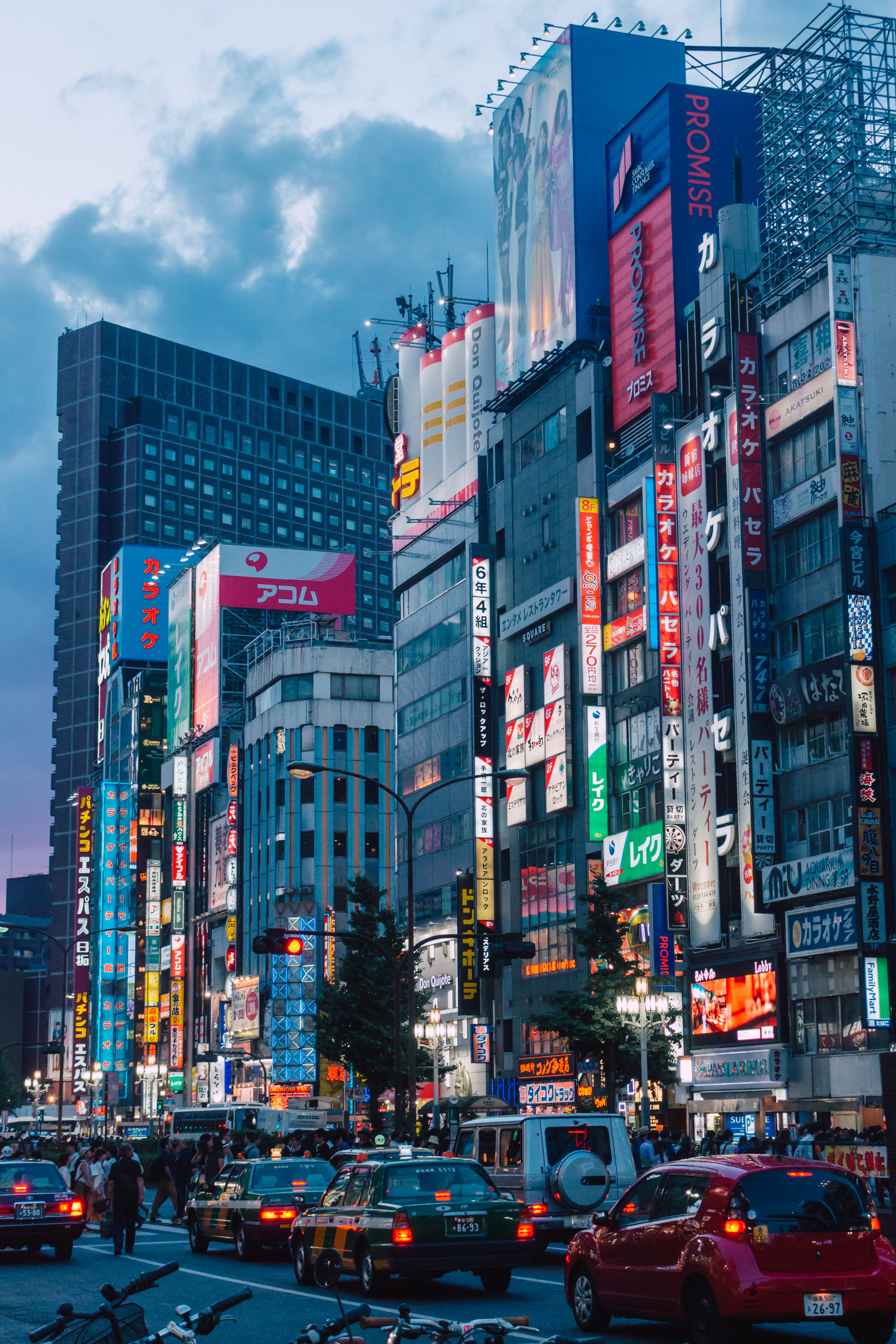 red, street, lights, motor vehicle, night, blue, skyscraper, car, cars, illuminated, building, architecture, tokyo, road, japan, office building exterior, Phone HD Wallpaper