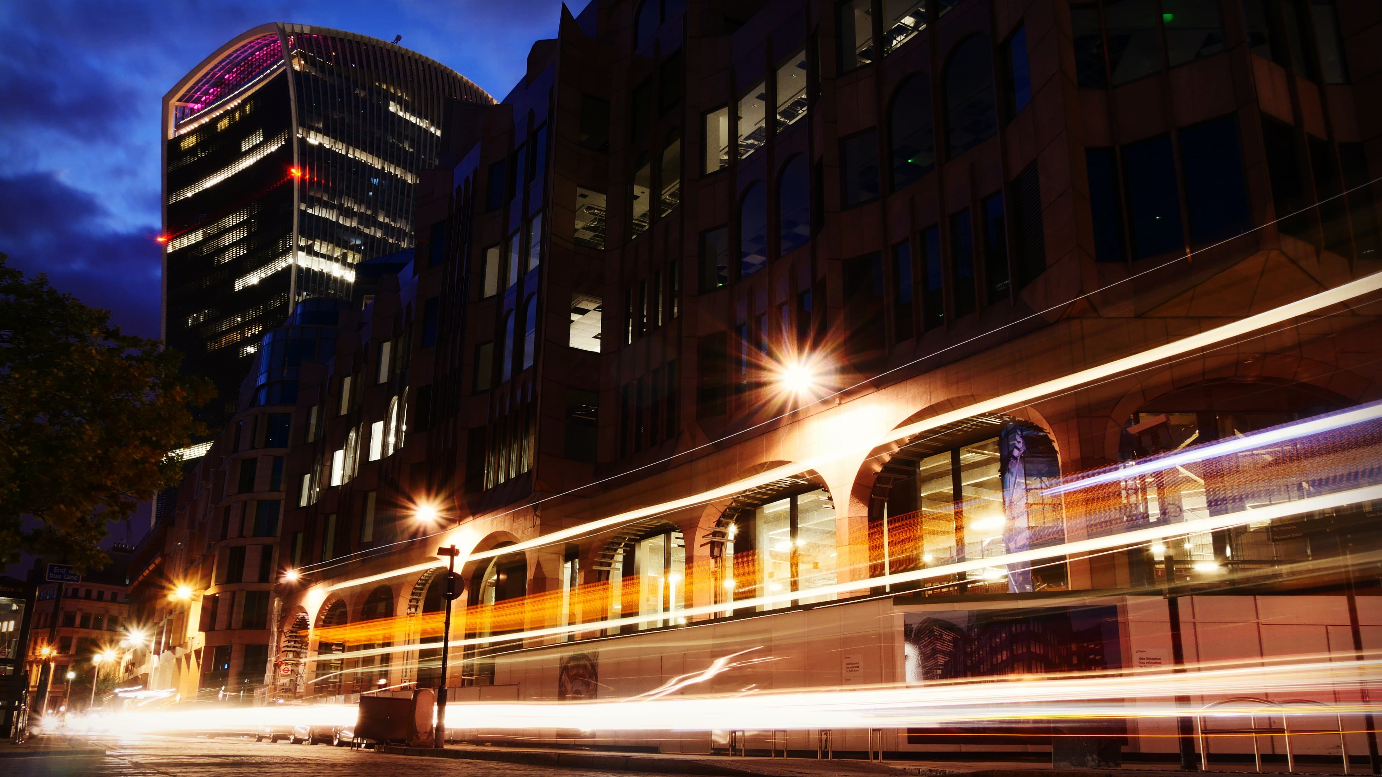 4K, transportation, illuminated, building, city life, office building exterior, photography, road, light trail, built structure, long exposure, late, city light, HD Wallpaper