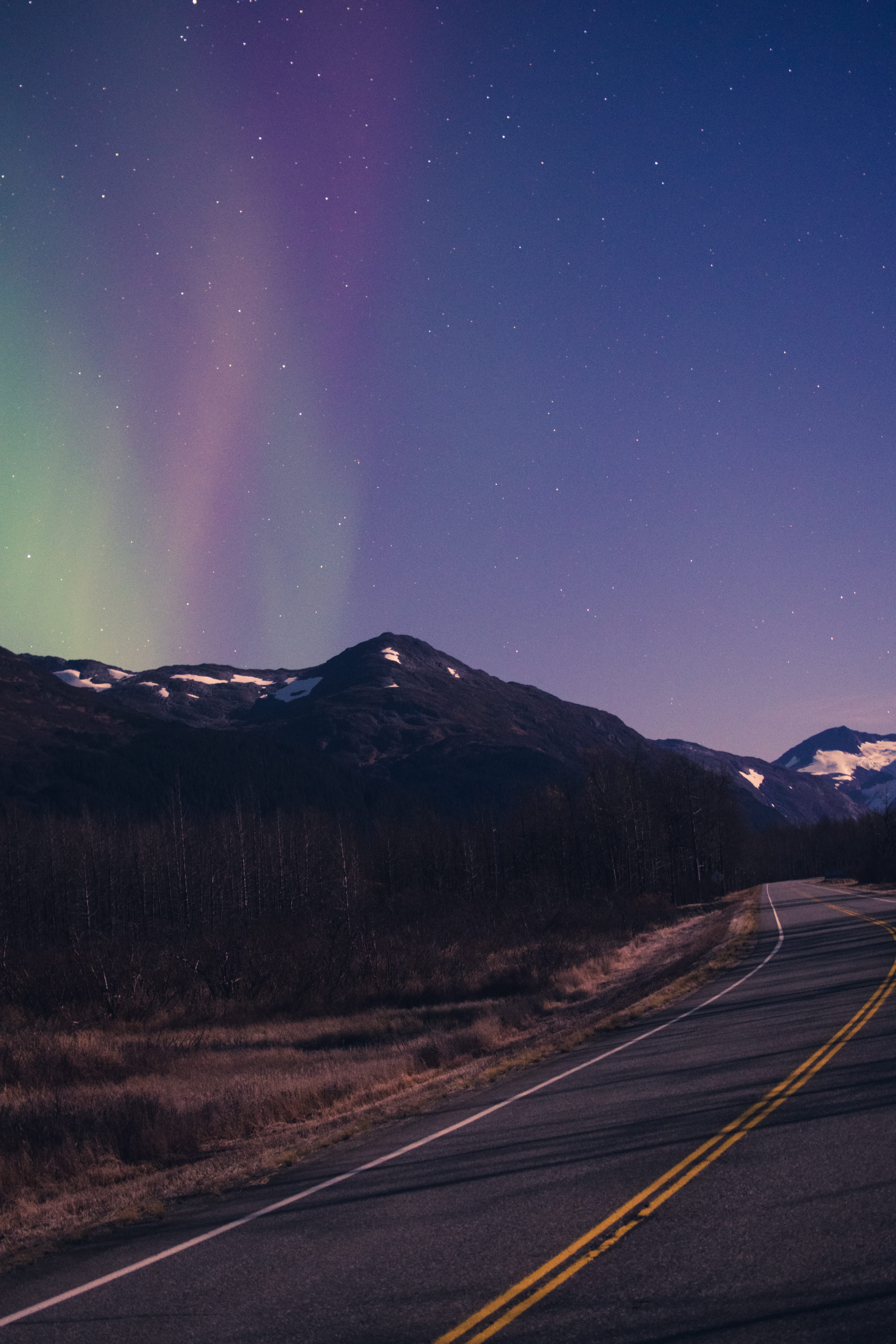 mountain, nature, mountains, winter, no people, road marking, road, scenics - nature, sky, northern lights, anchorage, stars, night, glaciers, landscape, Phone HD Wallpaper