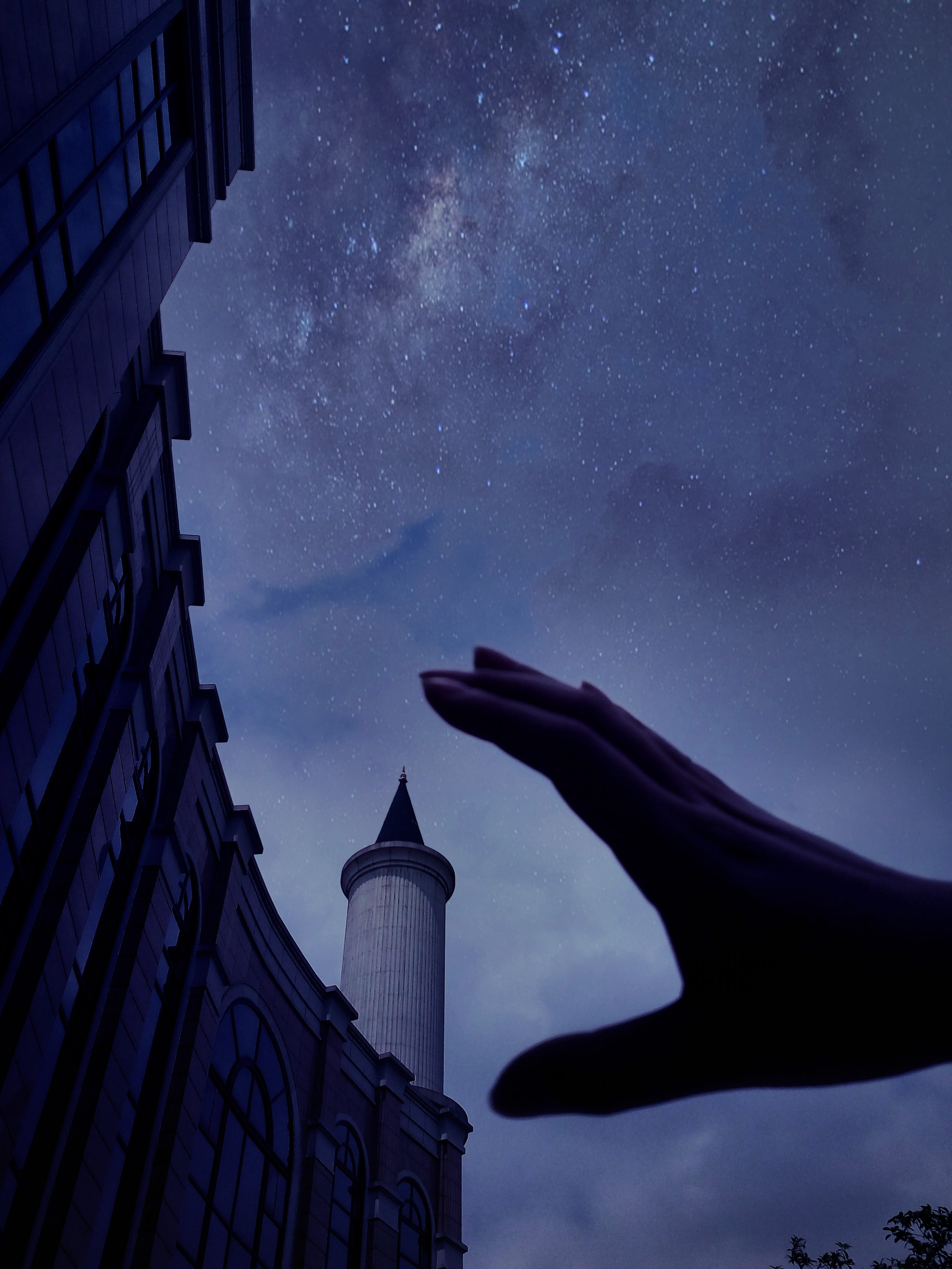star, architecture, Starry Sky, building, astronomy, cloud - sky, infinity, star - space, night, hand, sky, one person, space, human body part, built structure, Phone HD Wallpaper