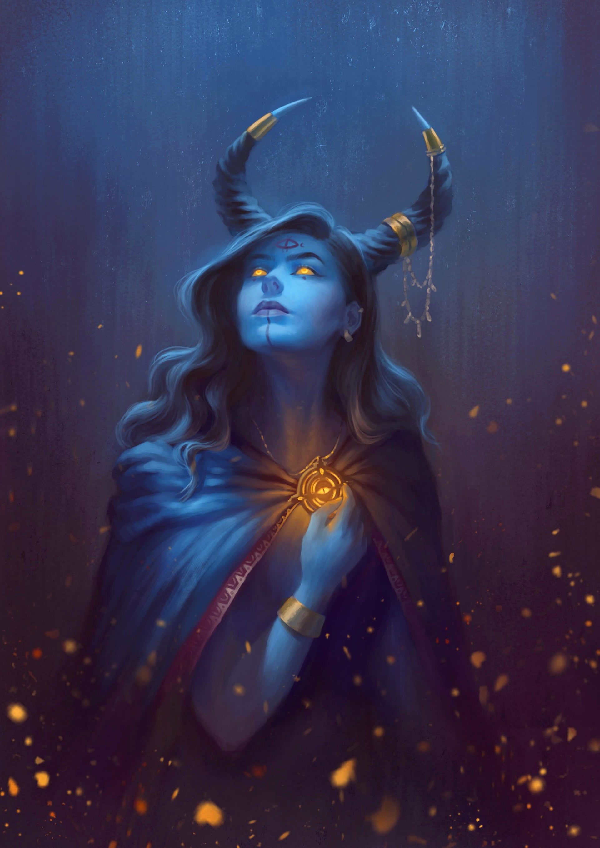 horns, hood, long hair, night, brunette, tattoo, sparks, gold, fantasy art, women, blue skin, fantasy girl, 2K, Phone HD Wallpaper