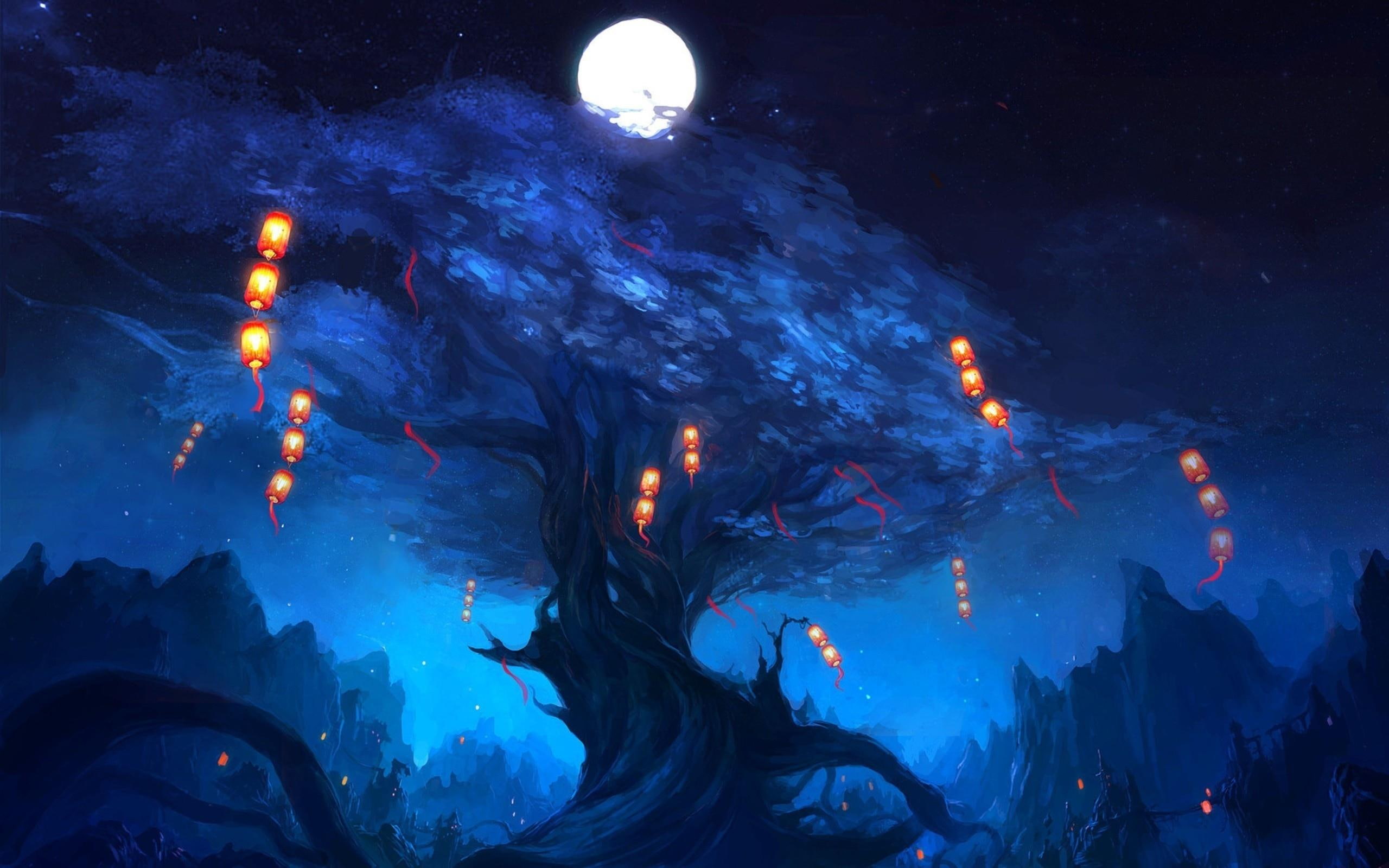 night, dark, light, blue, 3d and abstract, 2K, lantern, tree, moon, HD Wallpaper