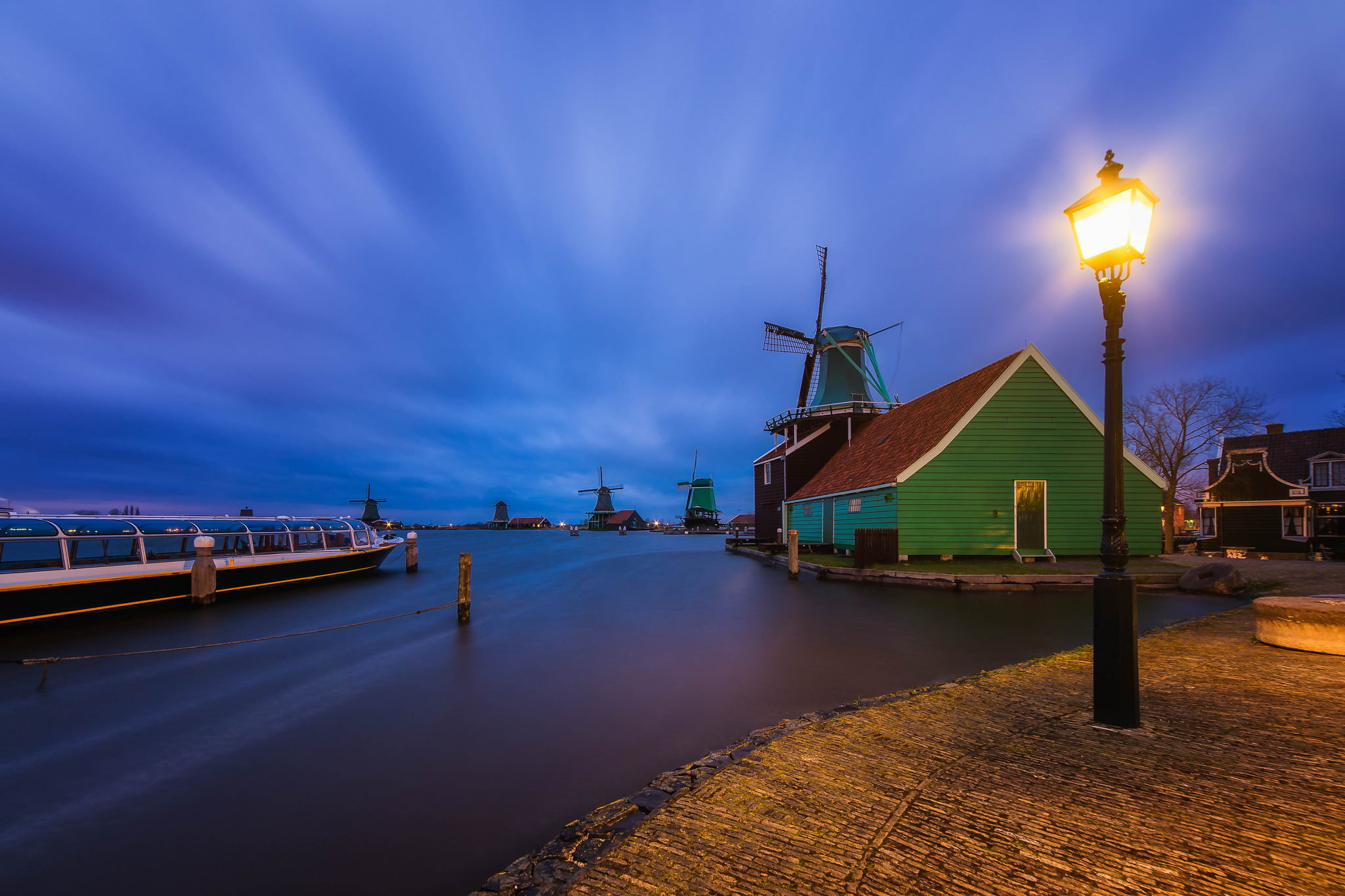 cloud - sky, lantern, illuminated, mill, the sky, street light, dusk, sky, village, street, lighting, nature, tower, blue, water, canal, houses, architecture, HD Wallpaper
