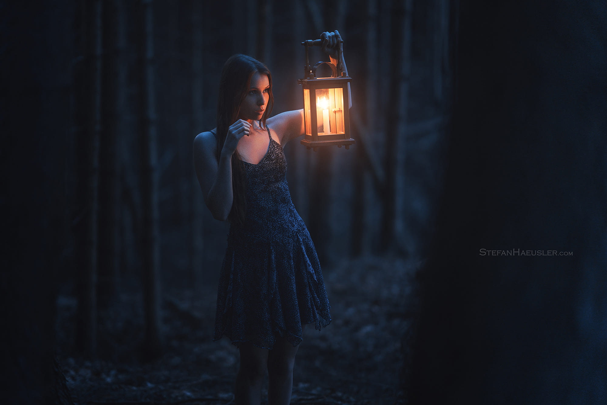 trees, dress, adult, brunette, lighting equipment, burning, 1080P, dark, Stefan Häusler, standing, three quarter length, side view, night, young adult, HD Wallpaper
