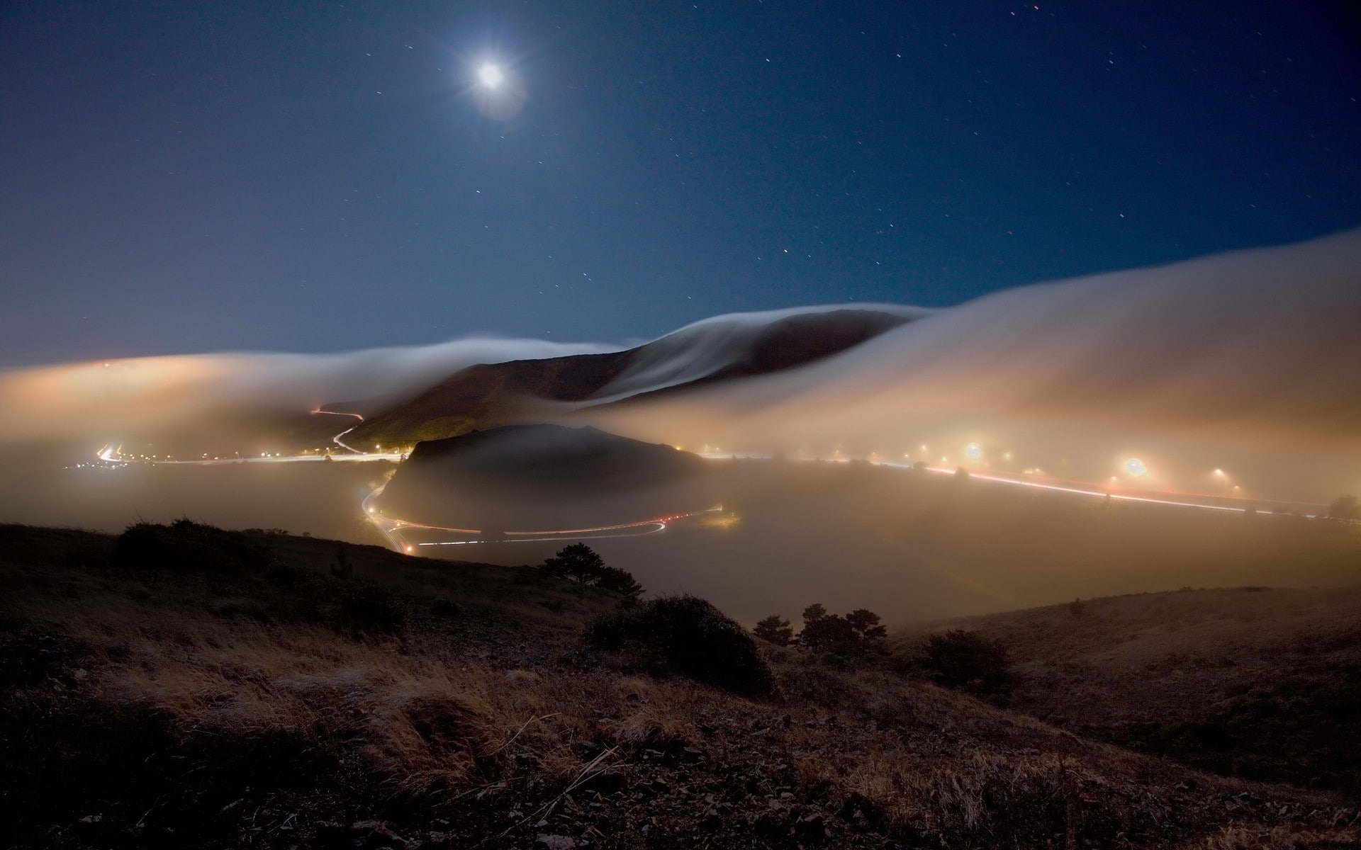 town, 1080P, landscape, moonlight, urban, mist, night, city, road, HD Wallpaper