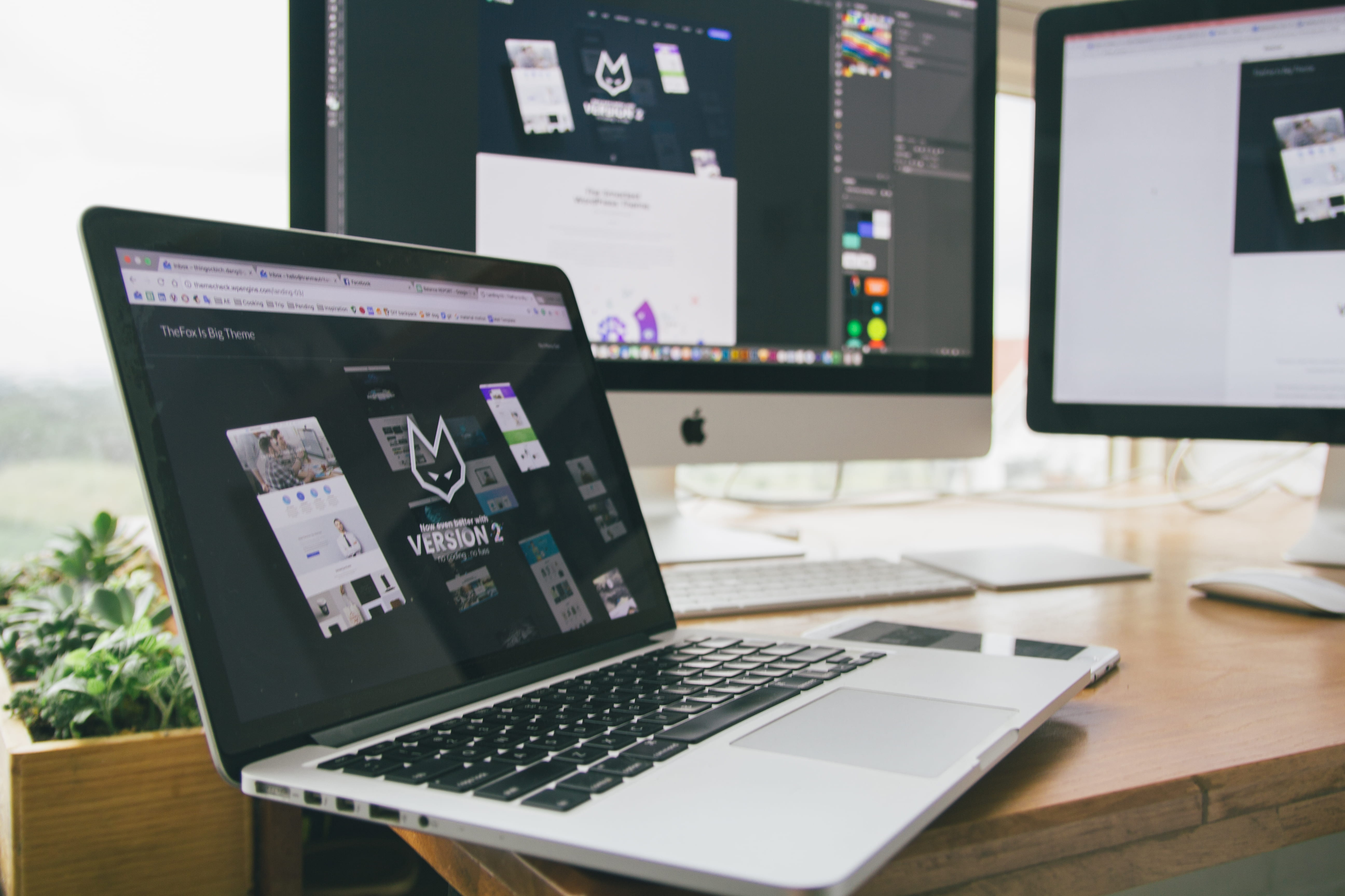 table, office, macbook pro, monitors, mouse, wireless technology, connection, working space, macbook, furniture, day, design, indoors, screen, focus on foreground, HD Wallpaper