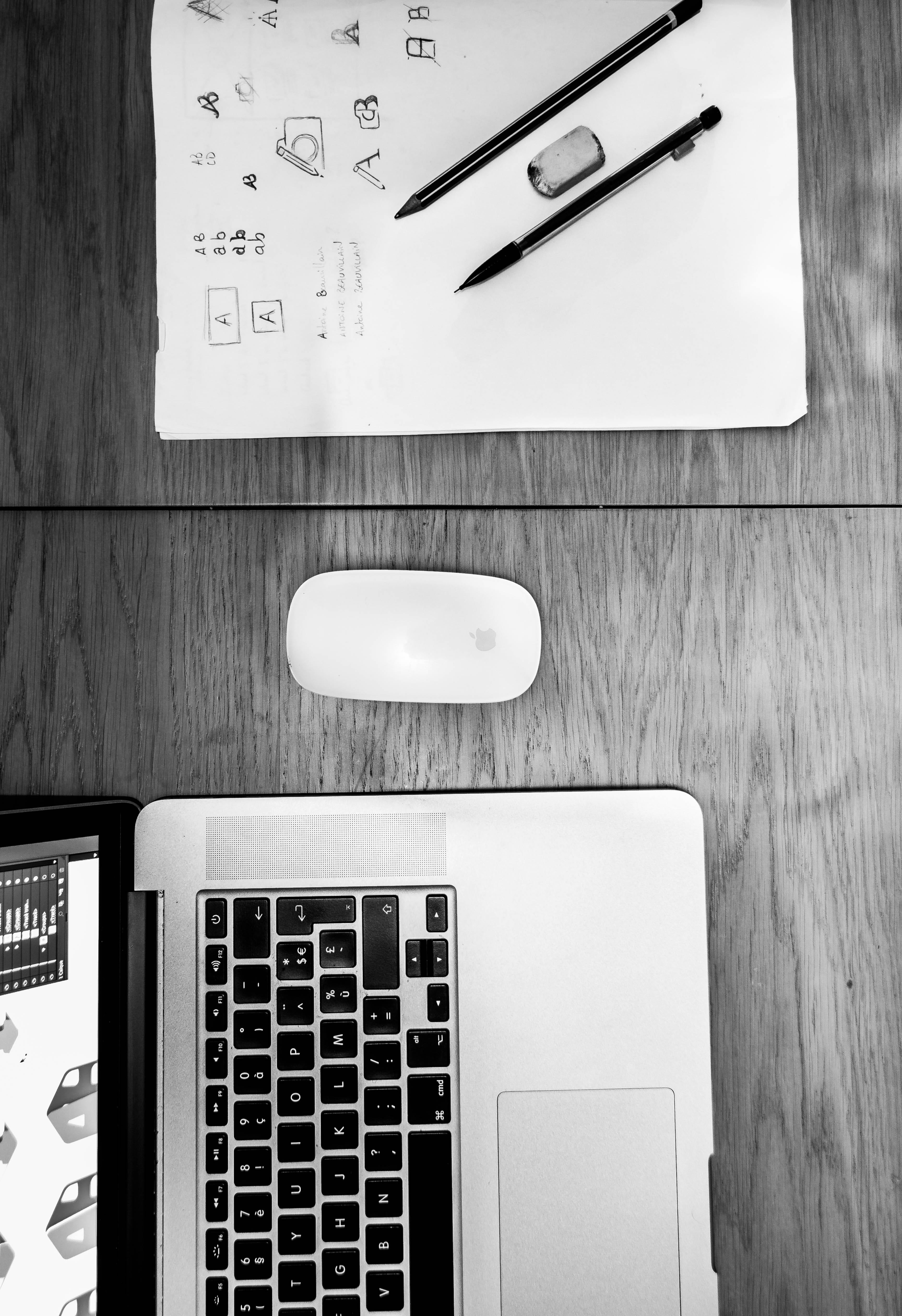 pencil, text, mouse, turned, indoors, pro, technology, black-and-white, paper, 4K, high angle view, book, wood - material, beside, directly above, communication, Phone HD Wallpaper