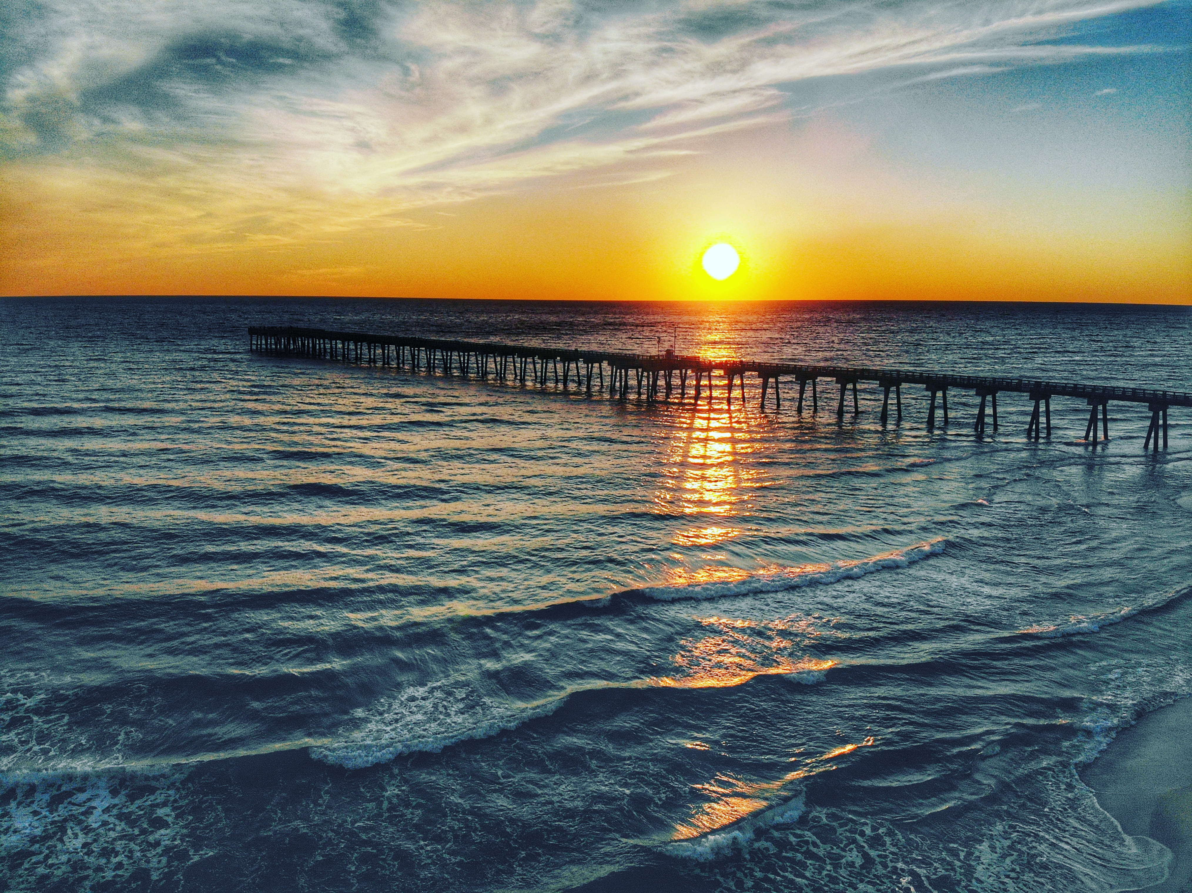 drone photo, land, horizon over water, clouds, orange color, drone, drone view, tranquility, horizon, beach, 4K, sunset, cloud - sky, tranquil scene, water, HD Wallpaper