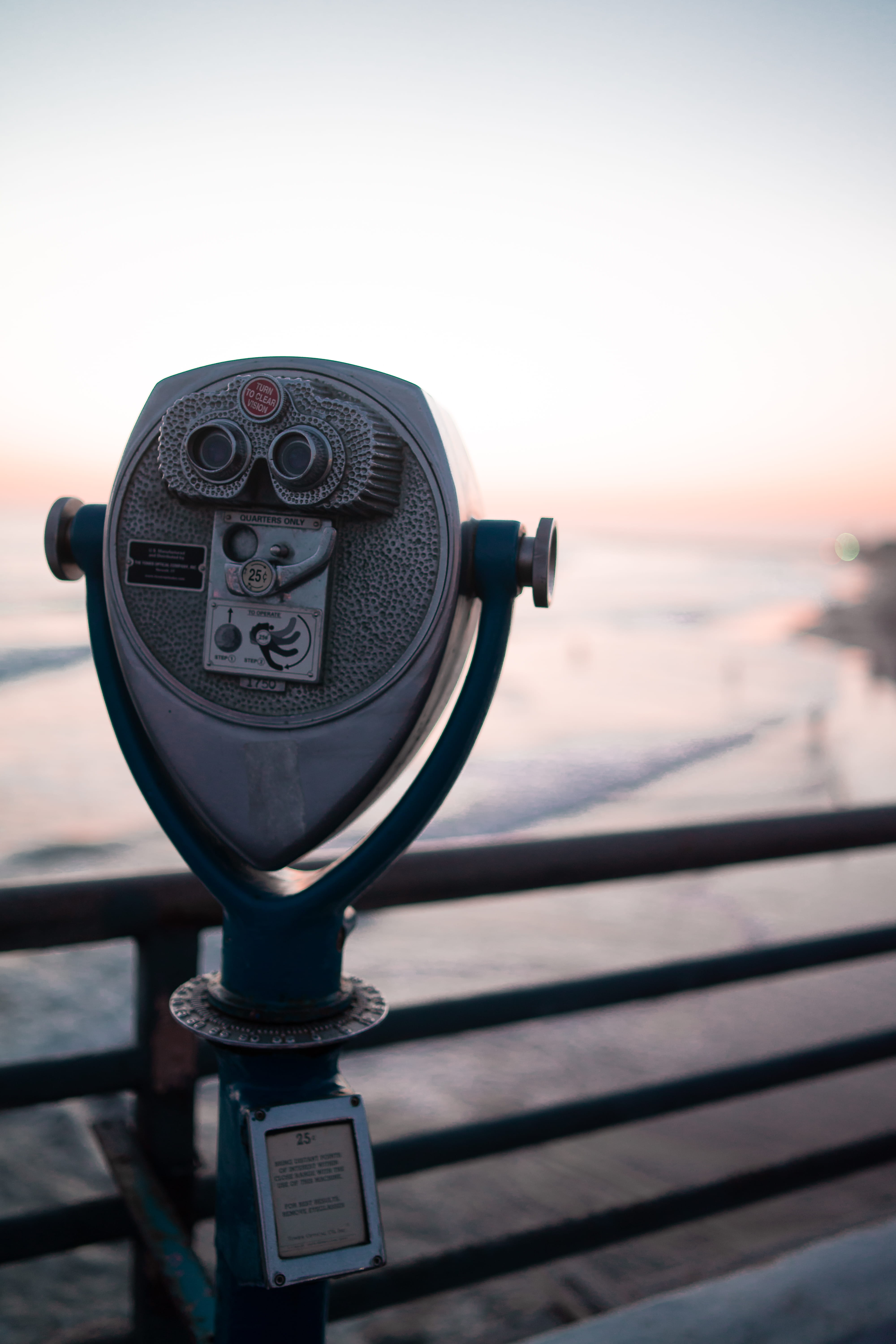 hand-held telescope, 25¢, handheld, railings, sunset, explore, day, railing, ocean, water, beach view, go adventure, security, view, gray, no people, blur, Phone HD Wallpaper