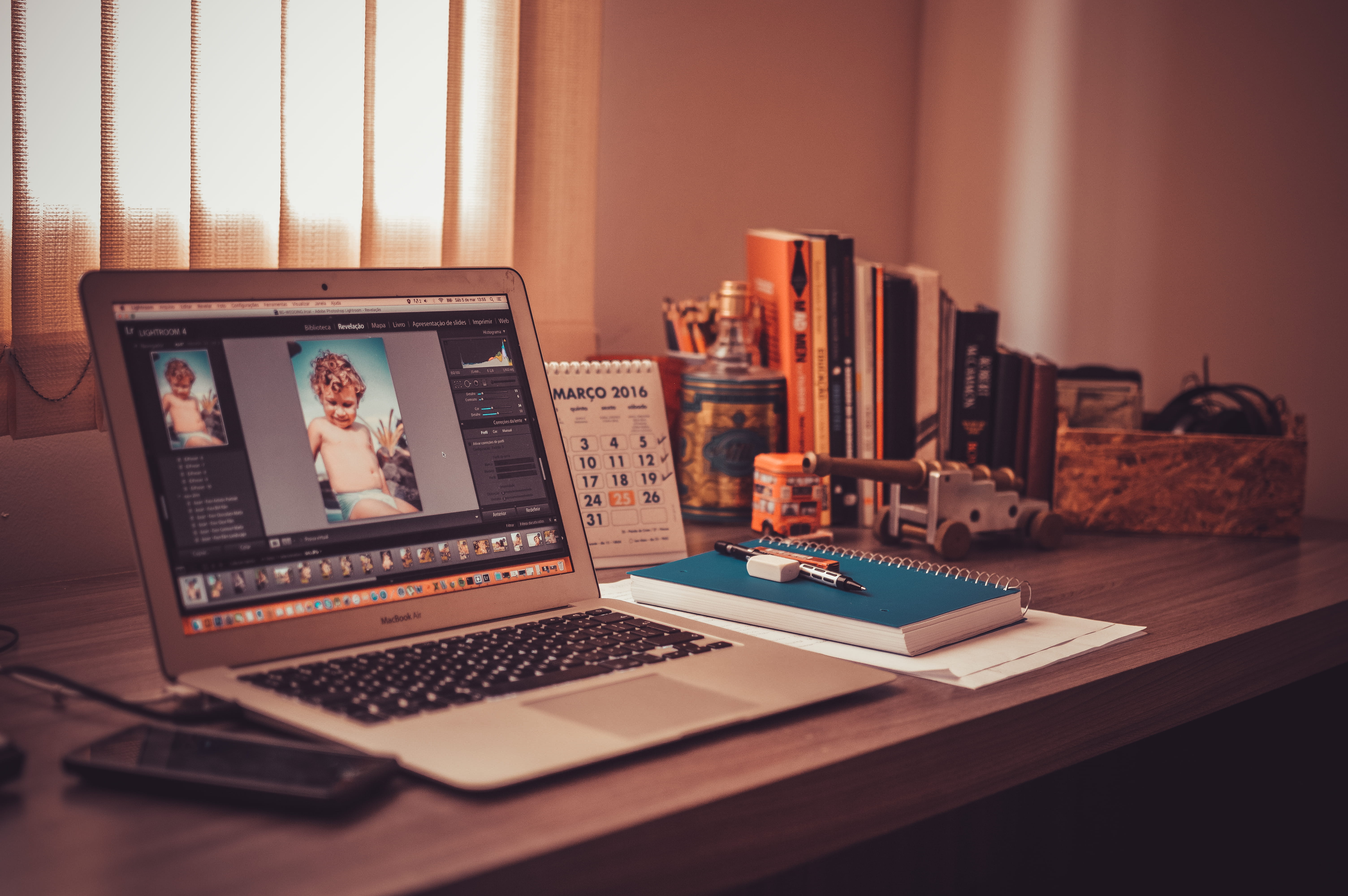 furniture, air, still life, desk, 5K, electrical equipment, communication, computer network, photo editing, indoors, turned, home interior, mockup, laptop, HD Wallpaper