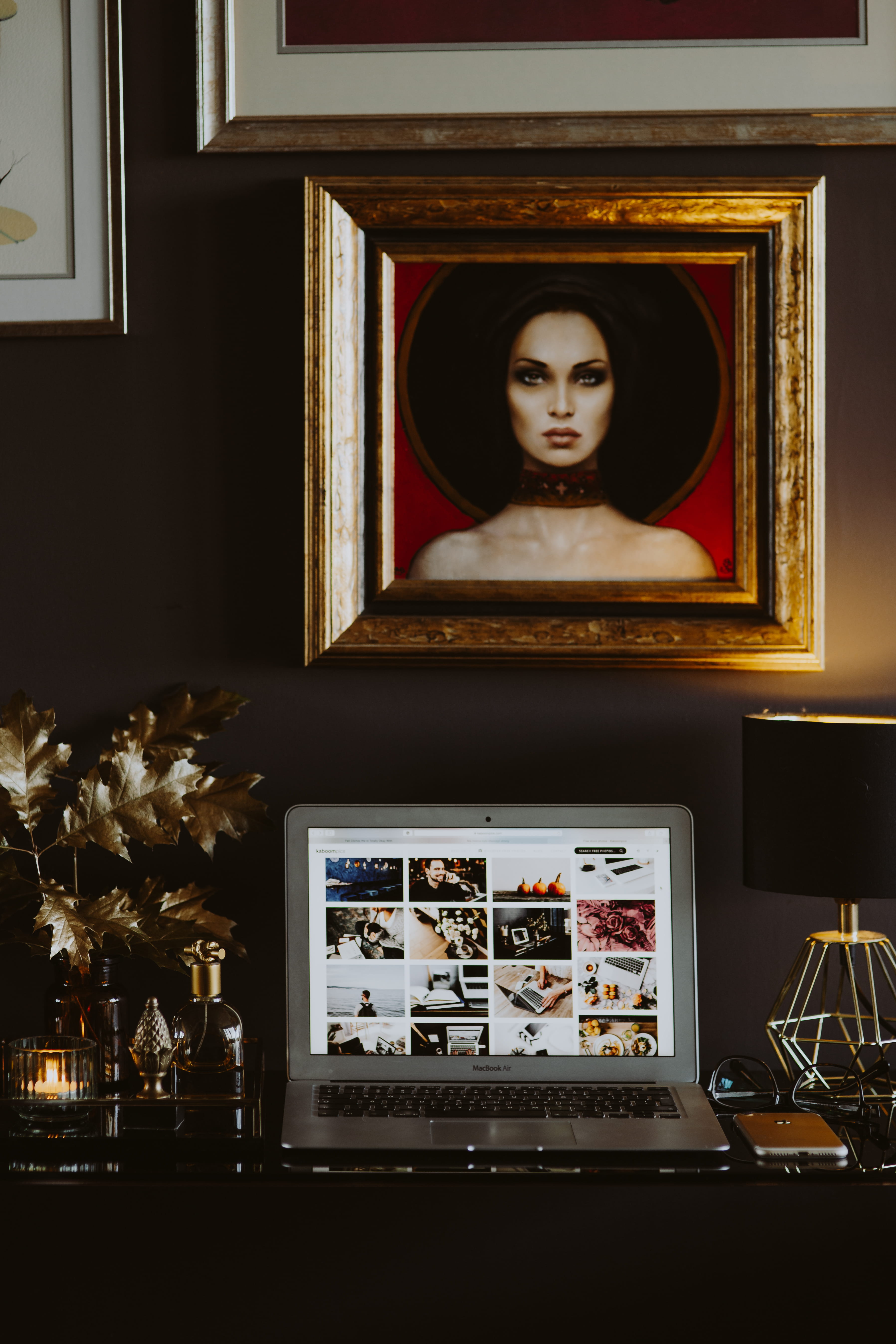 interior, golden, workspace, beautiful woman, laptop, one person, table, indoor, macbook, phone, home office, technology, gold, picture frame, female likeness, Phone HD Wallpaper