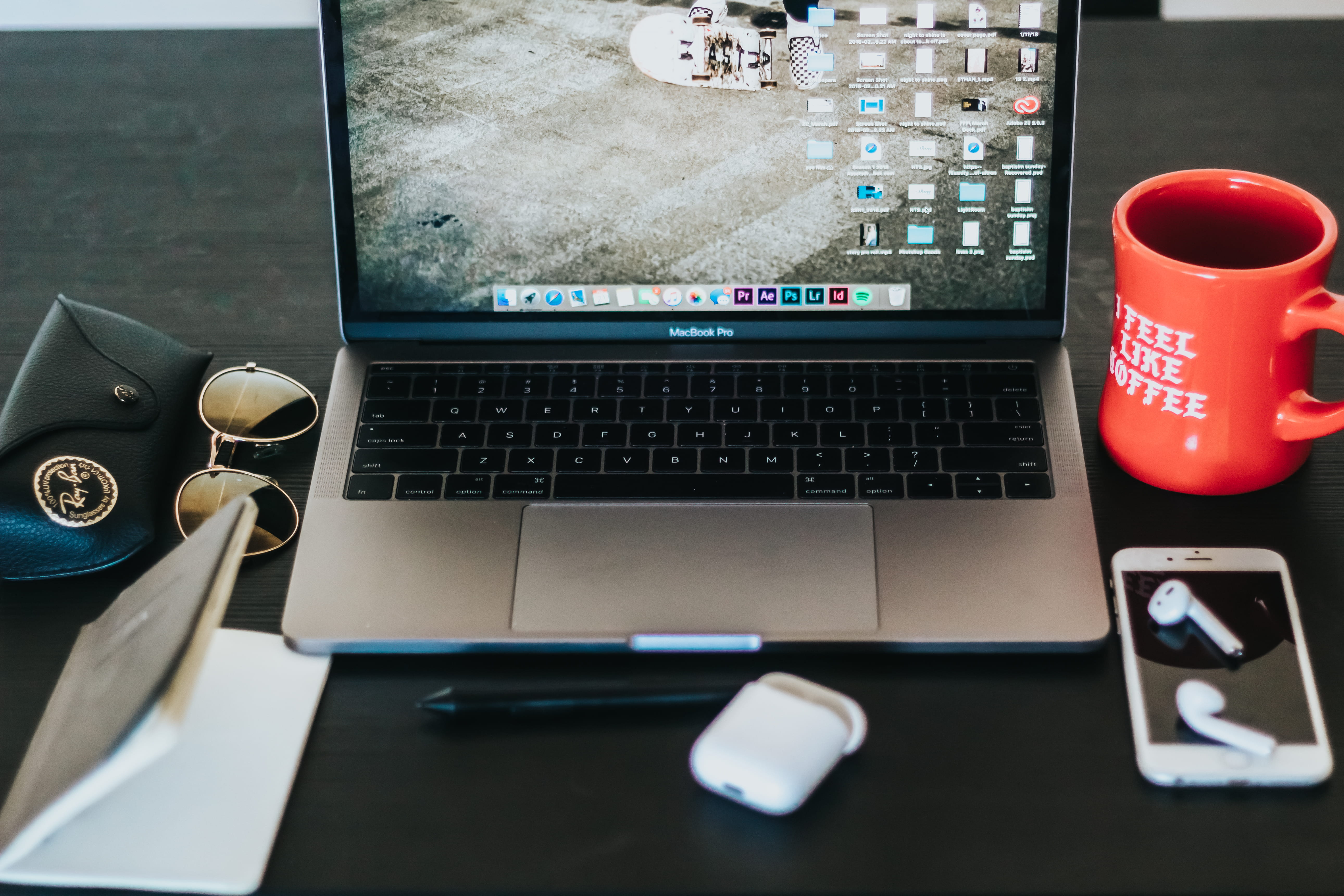 furniture, 5K, business, connection, computer keyboard, computer, sunglasses, wooden, mug, paper, table, phone, laptop, communication, coffee, still life, HD Wallpaper
