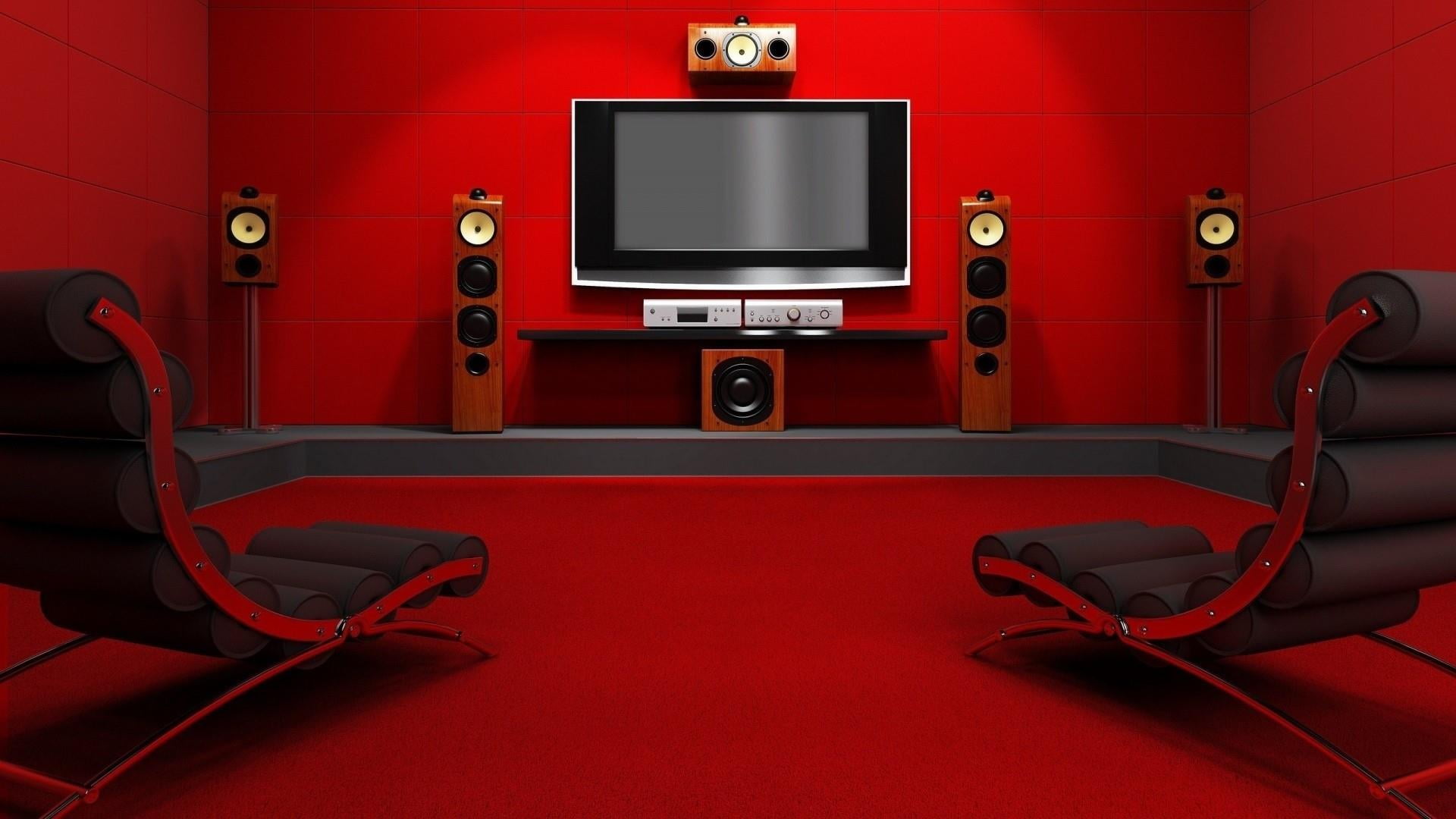 liquid-crystal display, 1080P, television set, red, indoors, computer, computer equipment, seat, device screen, chair, movie theater, electric lamp, red room, HD Wallpaper