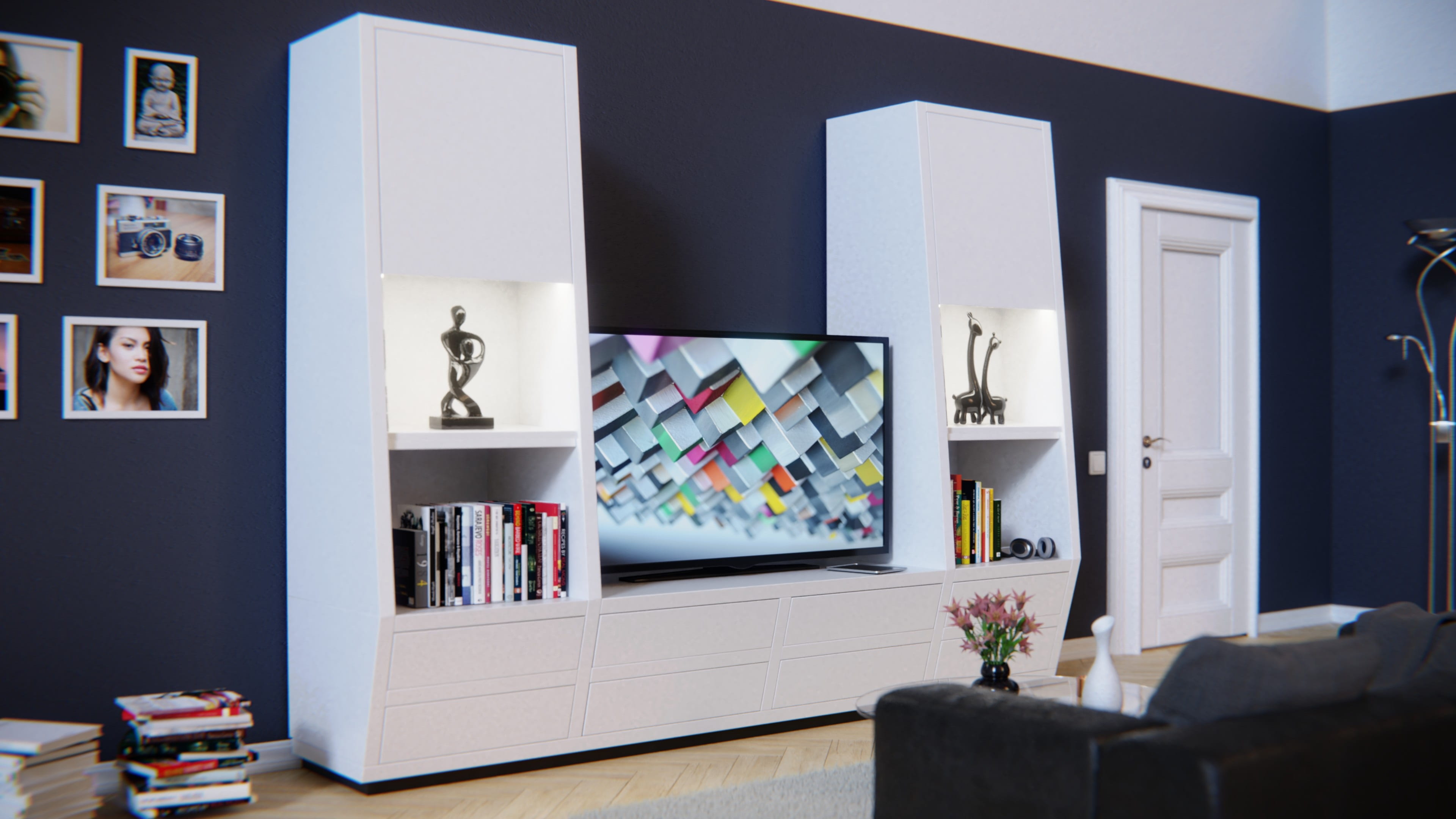 furniture pieces, light, design, entertainment, screen, center, modern, picture frame, tv, rendering, book, home, table, residential house, cabinet, publication, HD Wallpaper