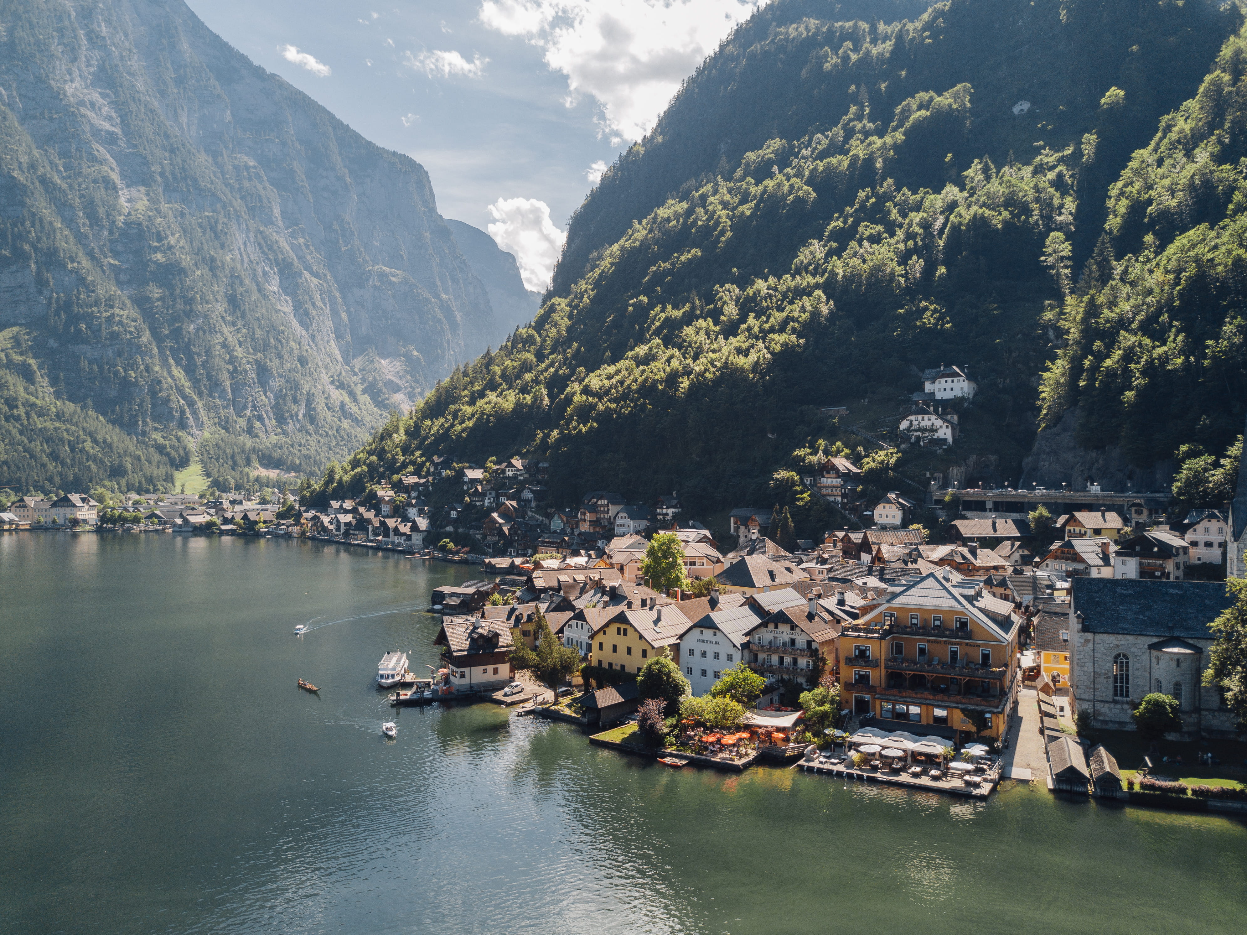 travel, water, scenics - nature, hallstatt, wanderlust, plant, mountain range, architecture, mountain, building exterior, aerial, dji, nomad, tranquility, HD Wallpaper