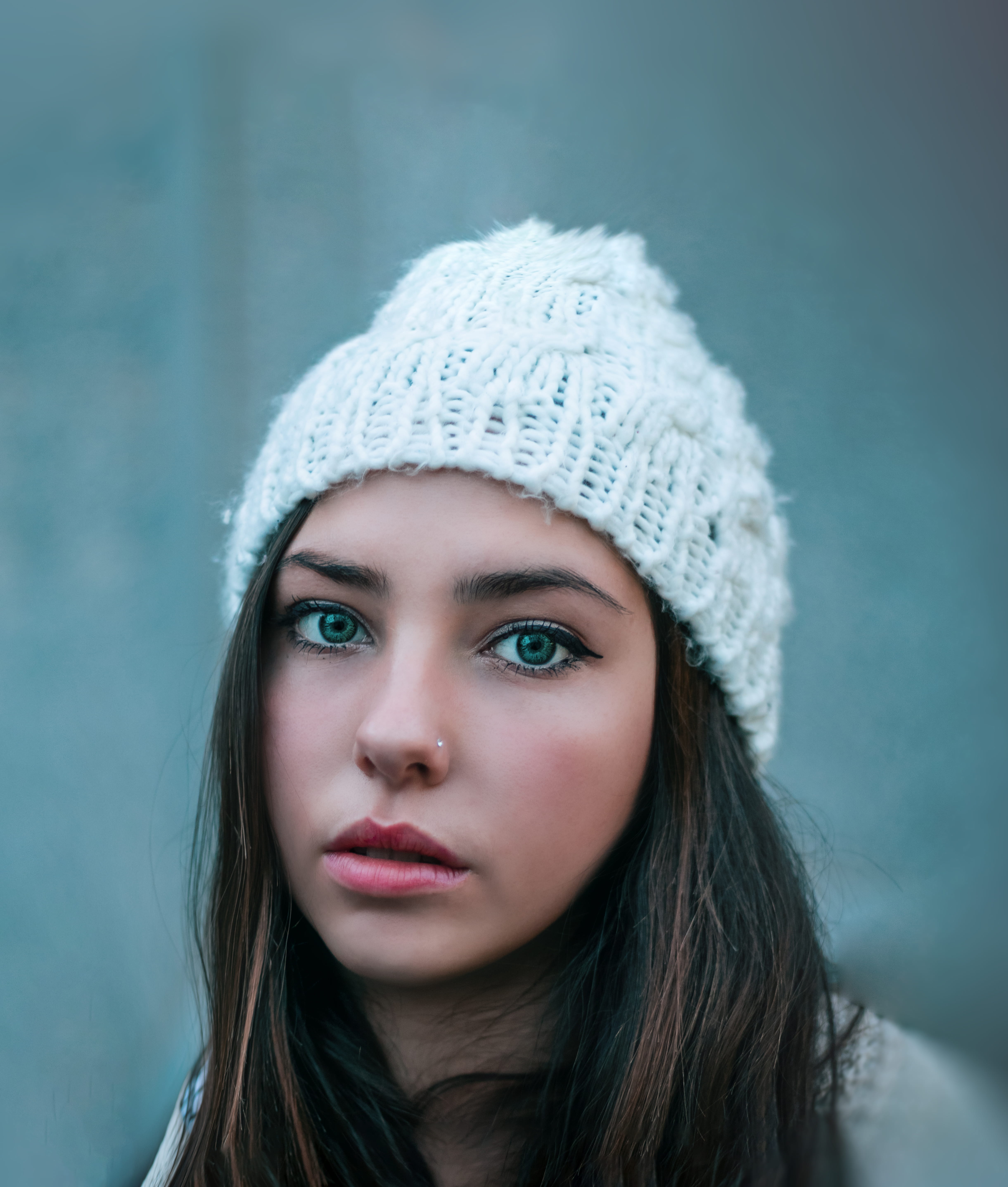 winter, adult, girl, beanie, body part, focus, pink lips, blue eyes, soft, hairstyle, selective, long hair, contemplation, wonder, skin, beauty, portrait, Phone HD Wallpaper