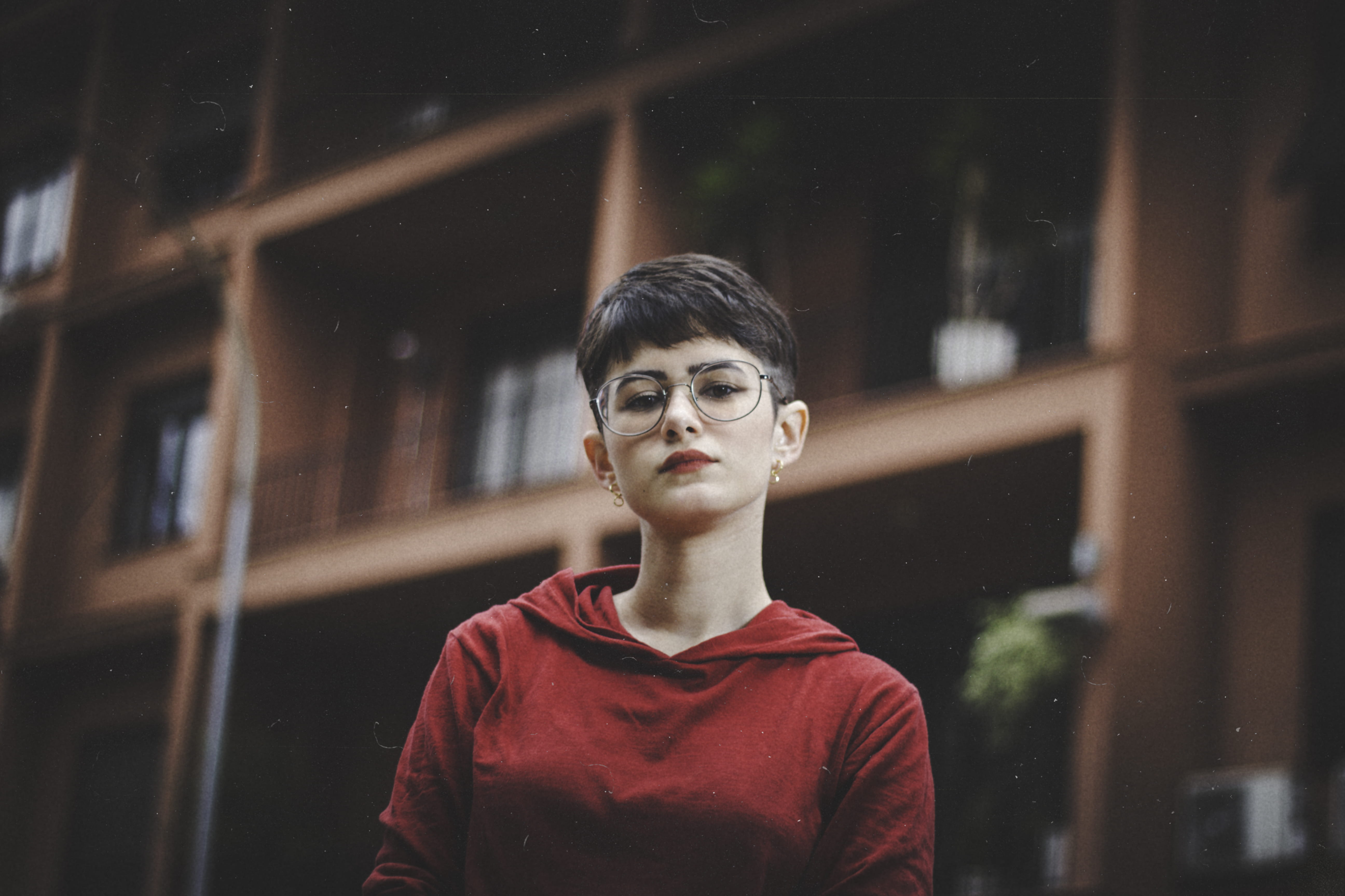hairstyle, selective, hoodie, teenager, red, one person, focus, day, beauty, 5K, beautiful woman, short hair, photoshoot, front view, earrings, lifestyles, HD Wallpaper