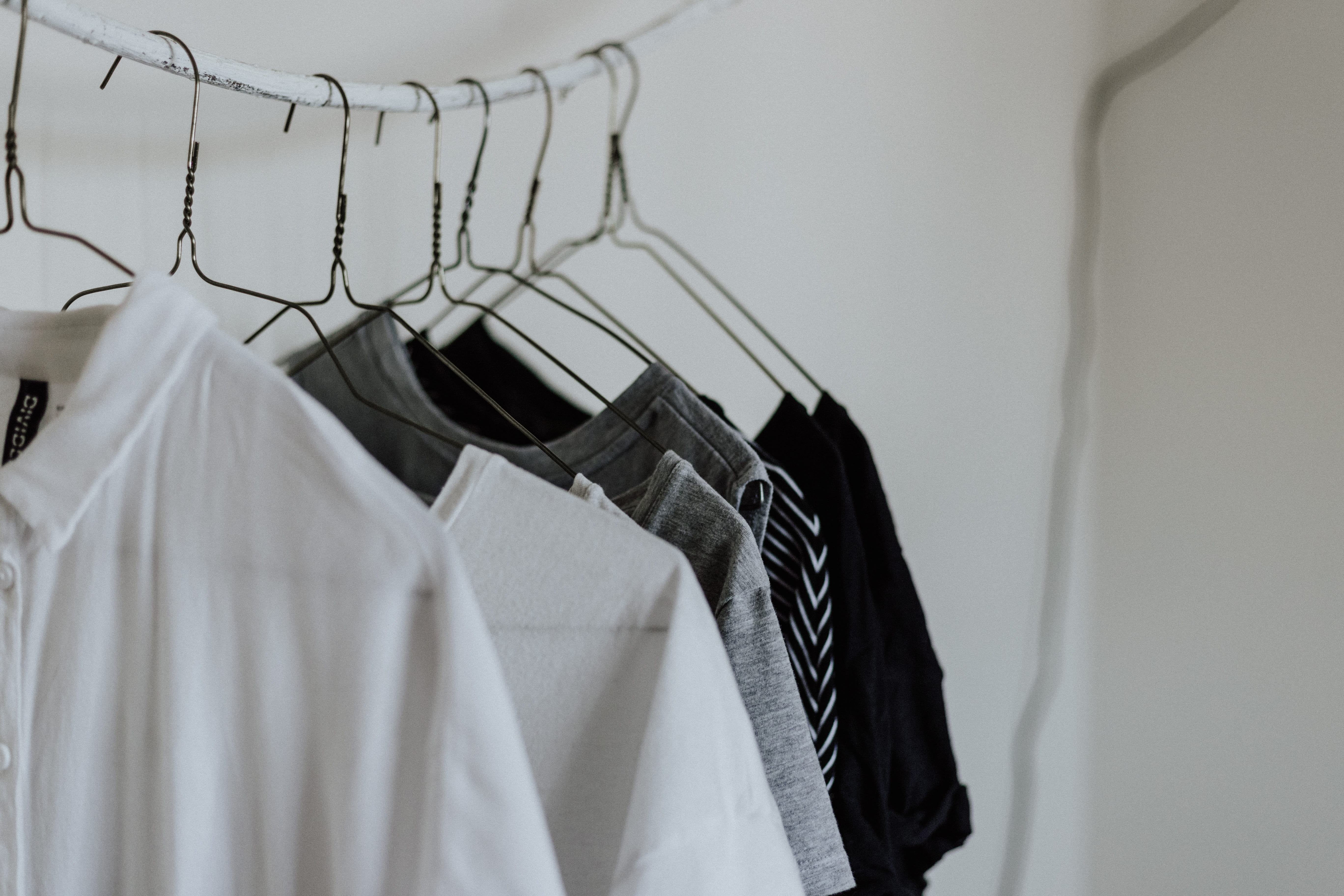 cute, store, in a row, modern, clean, shirt, hanger, simple, coathanger, black, color, choice, white color, rack, grey, hang, 5K, button down shirt, garment, HD Wallpaper