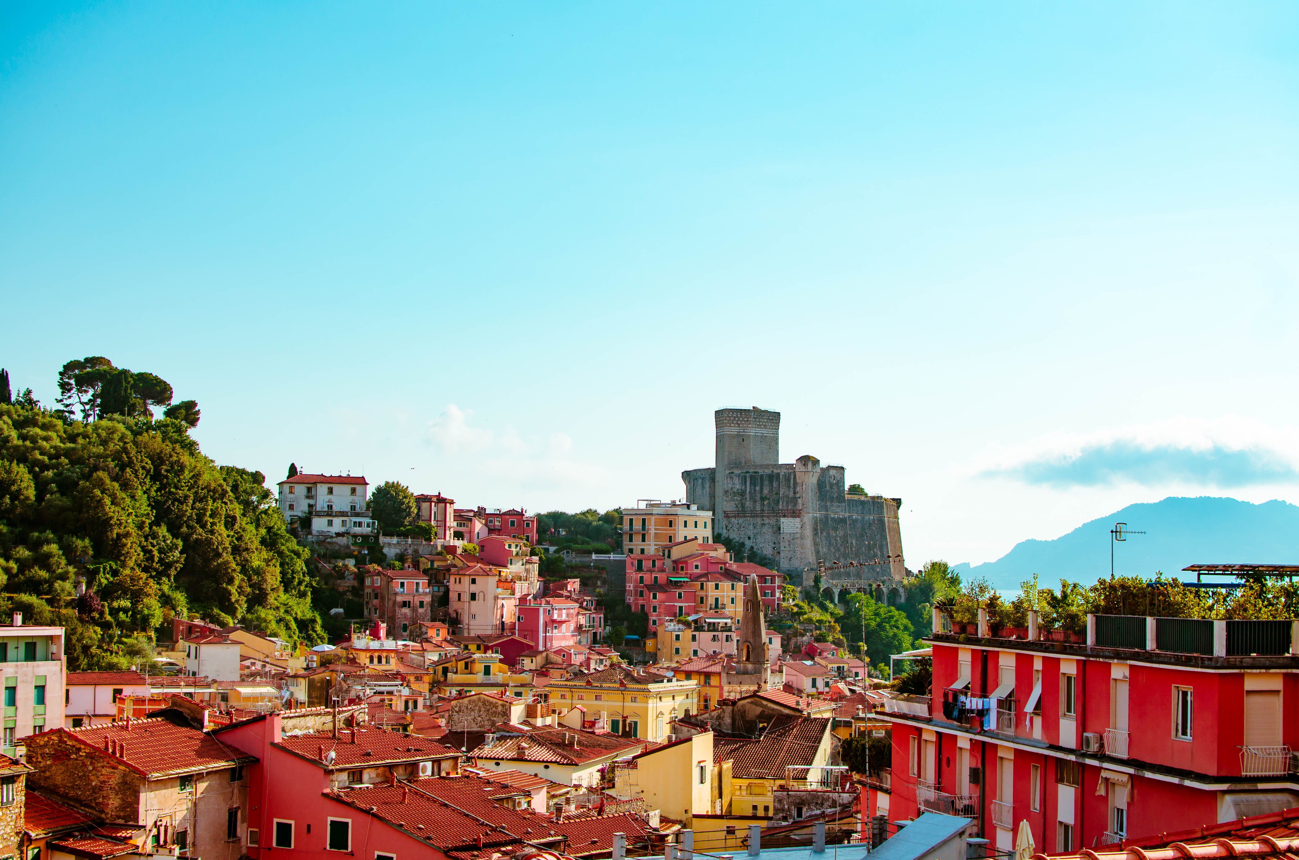 cityscape, copy space, urban, townscape, sky, white, plant, tree, castle, clear sky, 4K, collage, nature, roof, landscape, architecture, town, italy, poster, HD Wallpaper