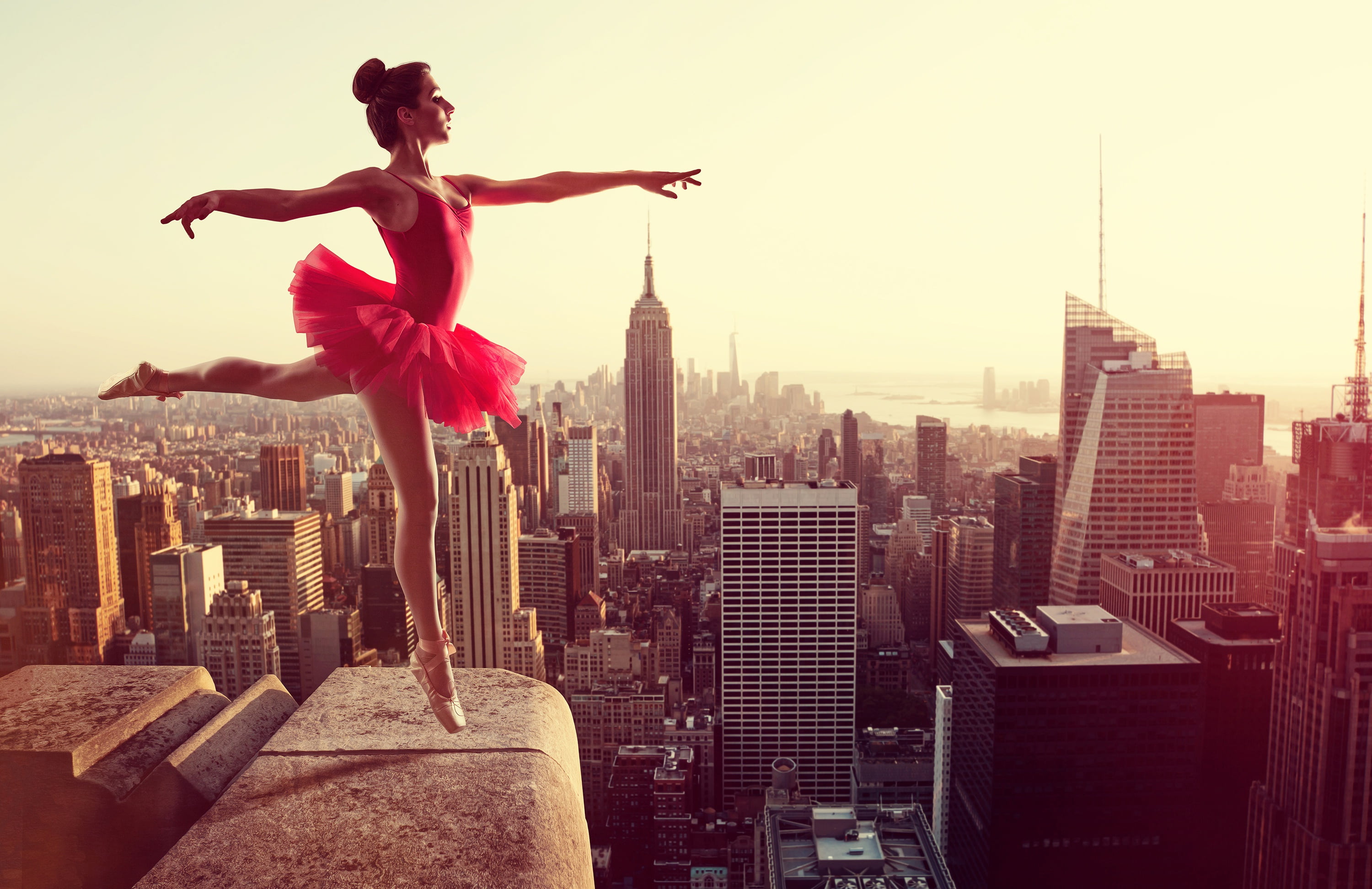 2K, dance, home, panorama, ballerina, the city, roof, hairstyle, height, figure, on the edge, girl, brown hair, in red, pose, grace, dress, Pointe shoes, HD Wallpaper