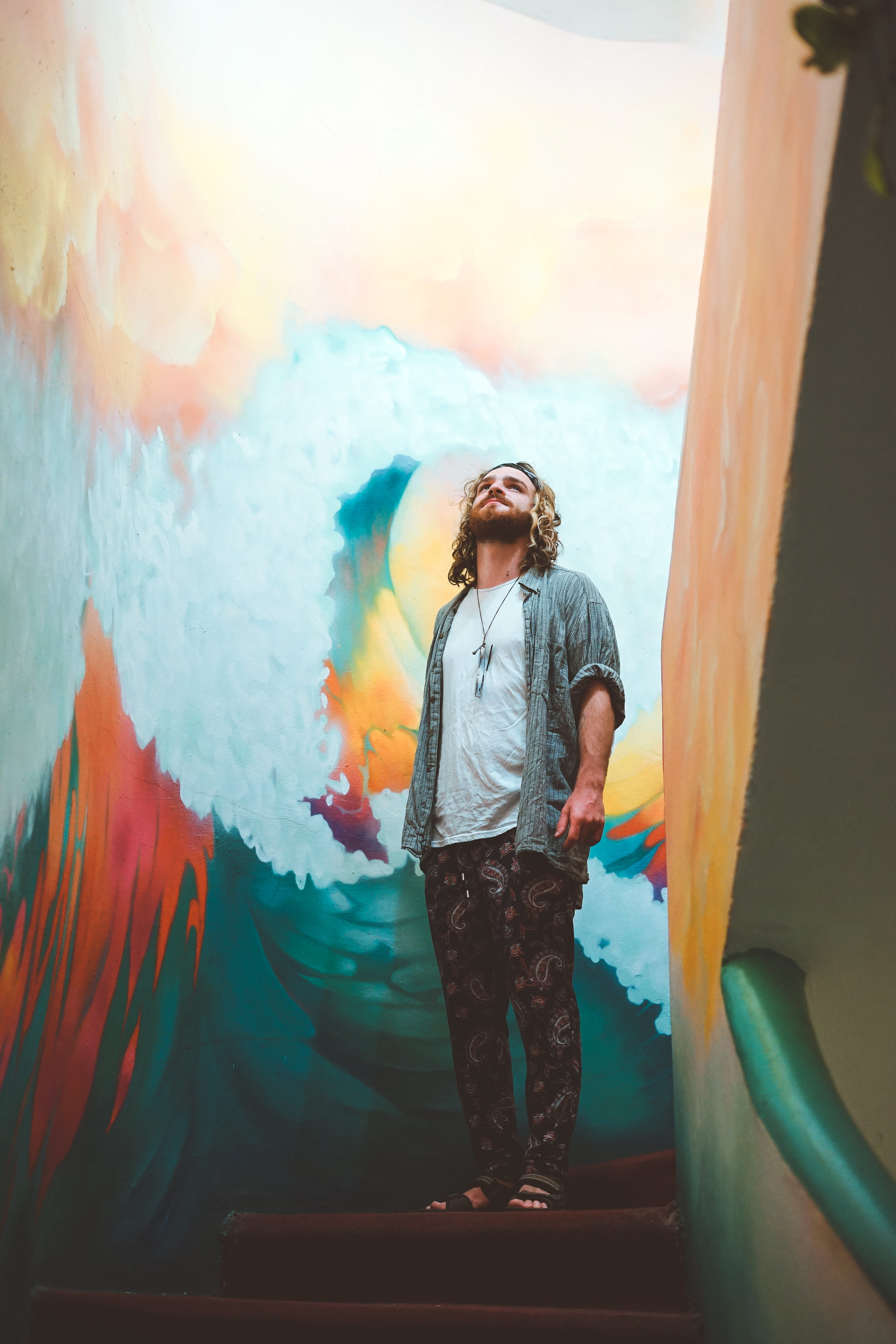 front view, leisure activity, explore, gray, outdoors, nature, looking up, male, paunting, staircase, hipster, blue, art, going down, going up, water, day, Phone HD Wallpaper