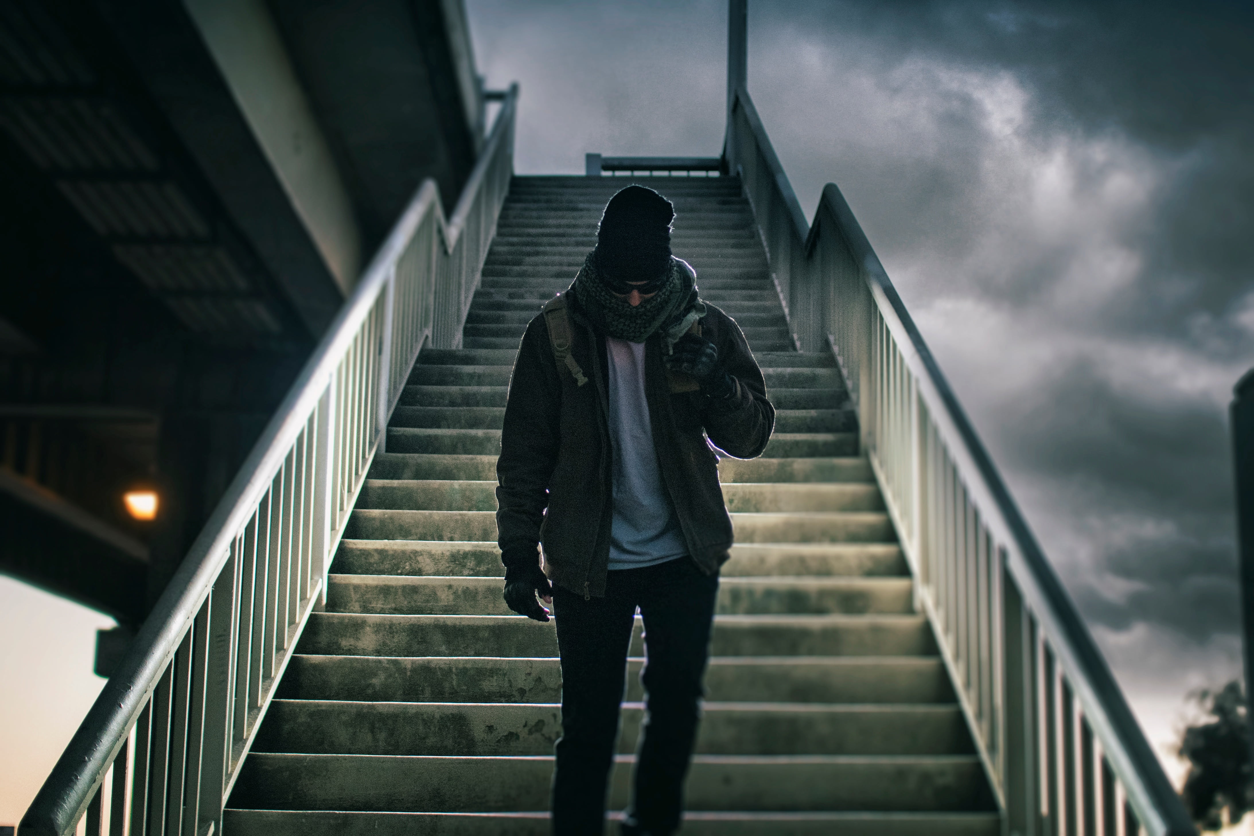 clouds, motion, adult, low angle view, staircase, danger, sky, dark, walking, running, clothing, one person, depression - sadness, standing, city life, HD Wallpaper