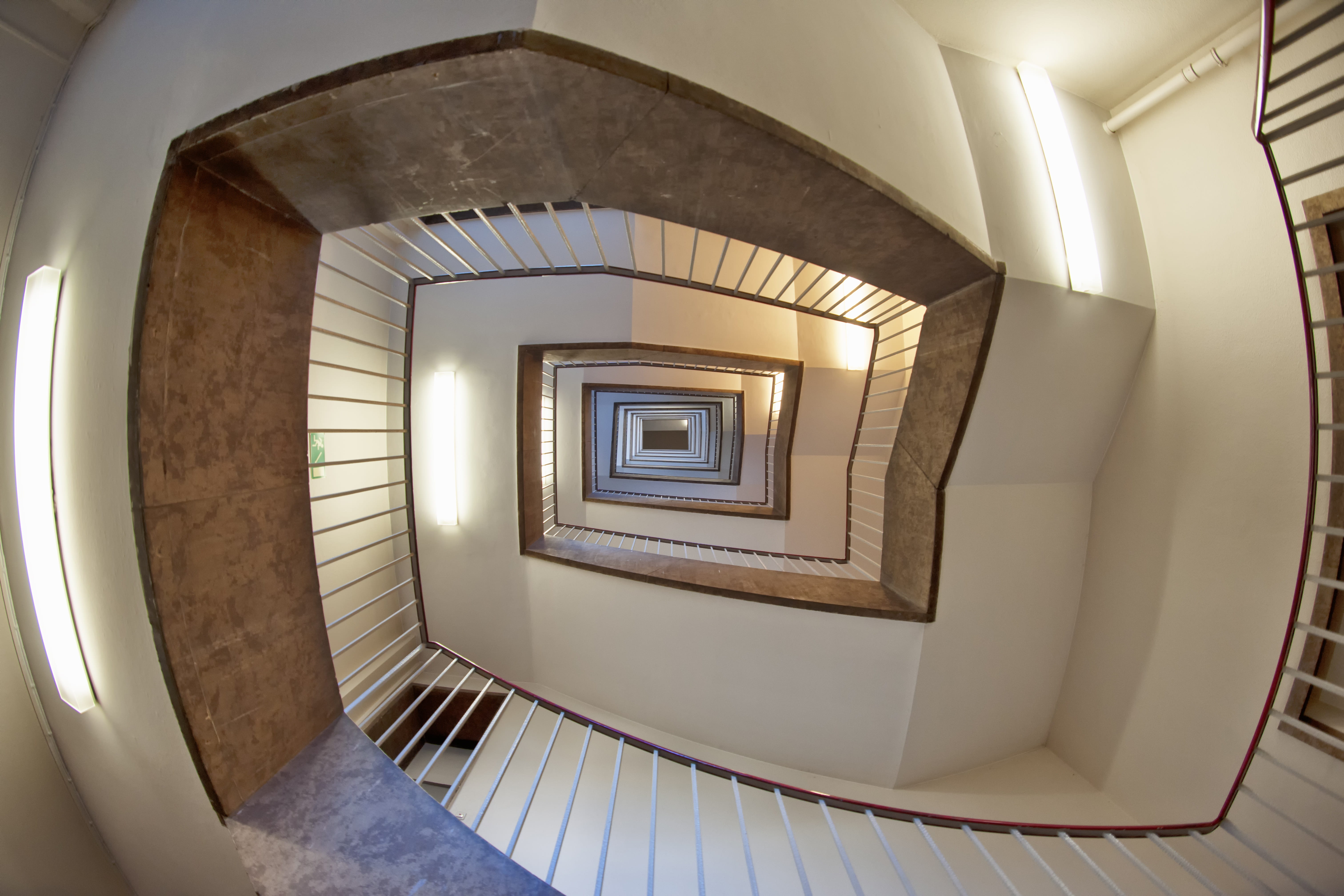 shape, spiral, brown, white color, design, perspective, railing, angle, home interior, diminishing perspective, photo, stairs, low angle shot, indoors, HD Wallpaper