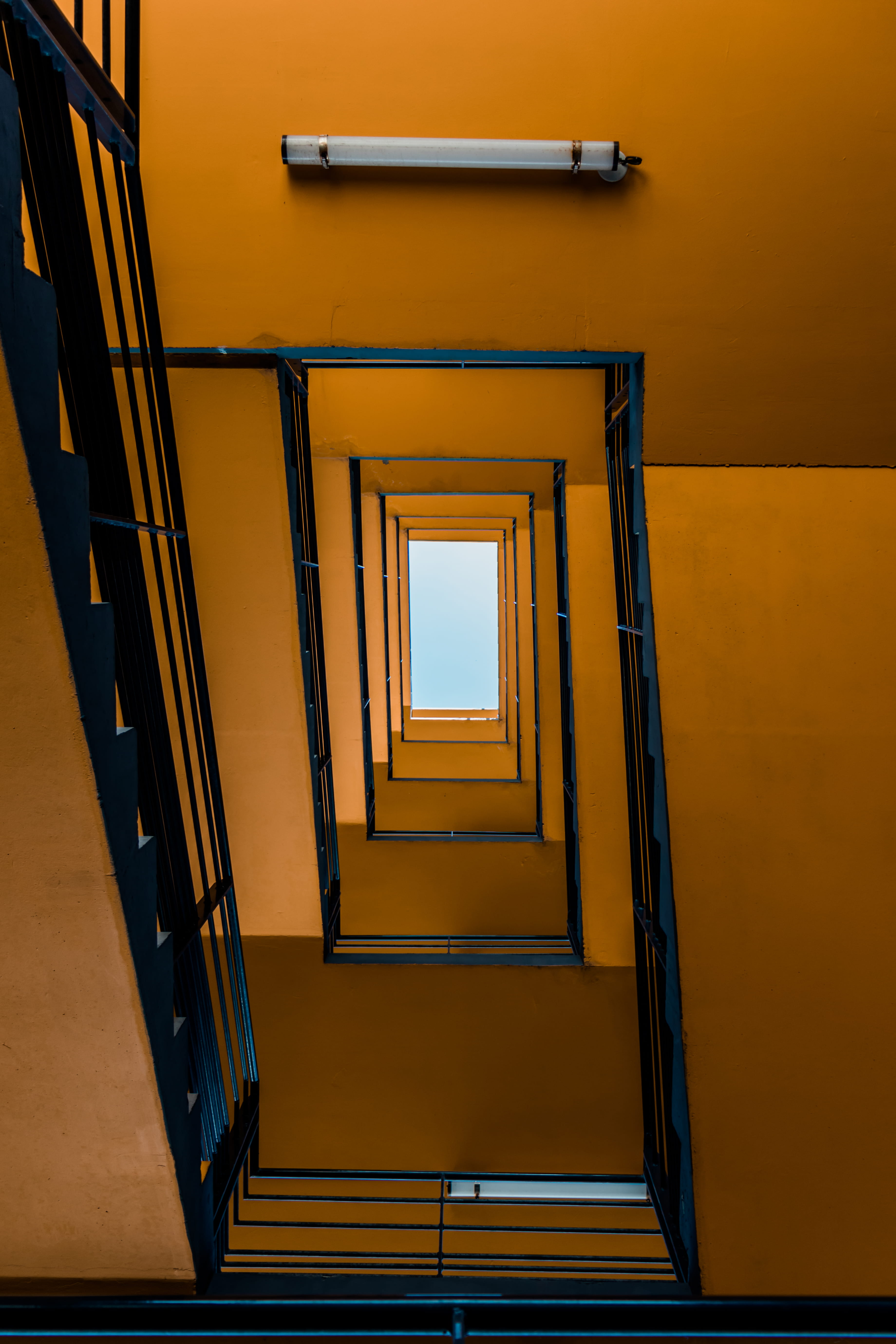 perspective, looking up, lighting equipment, angle, metal rail, orange, empty, jaune, steps and staircases, pattern, stairs, trail, diminishing perspective, Phone HD Wallpaper