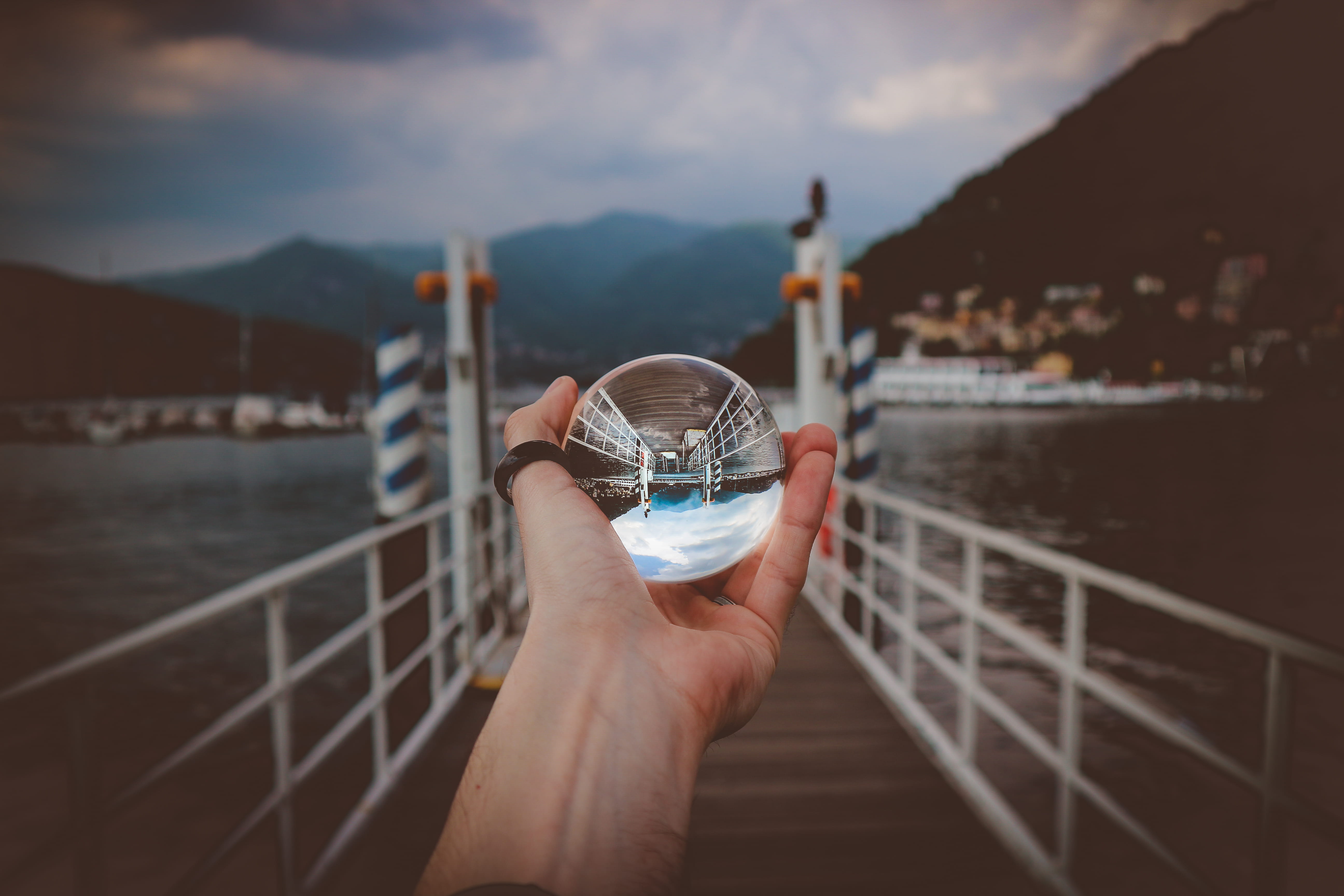 ball, person, railing, nature, architecture, beach, lifestyles, 5K, real people, seashore, one person, water, glass, scenic, mountain, crystal ball, clear, HD Wallpaper