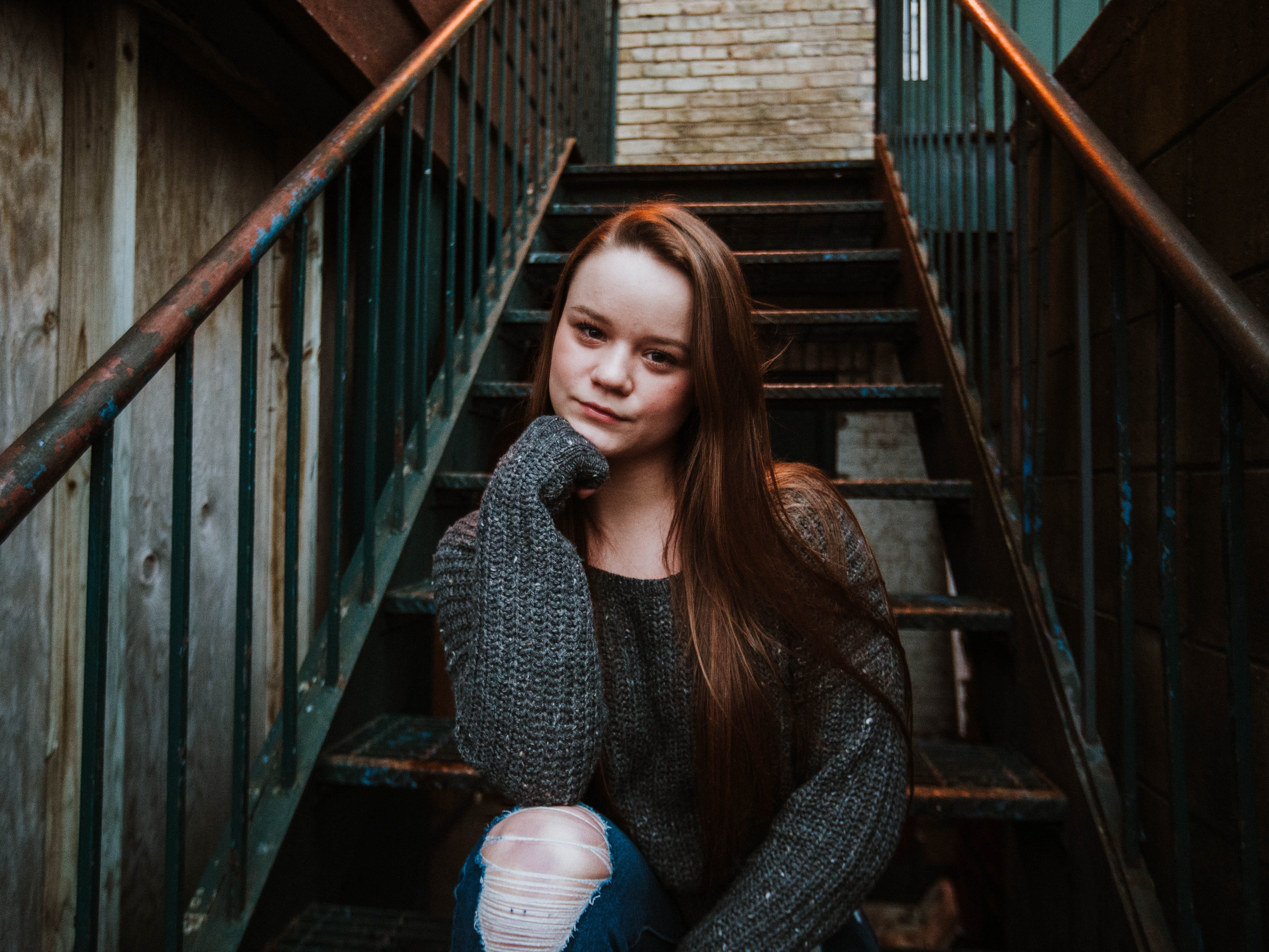 one person, street, railing, architecture, woman, front view, grunge, stairs, banister, happiness, jeans, pretty, smiling, apparel, person, human, pants, HD Wallpaper