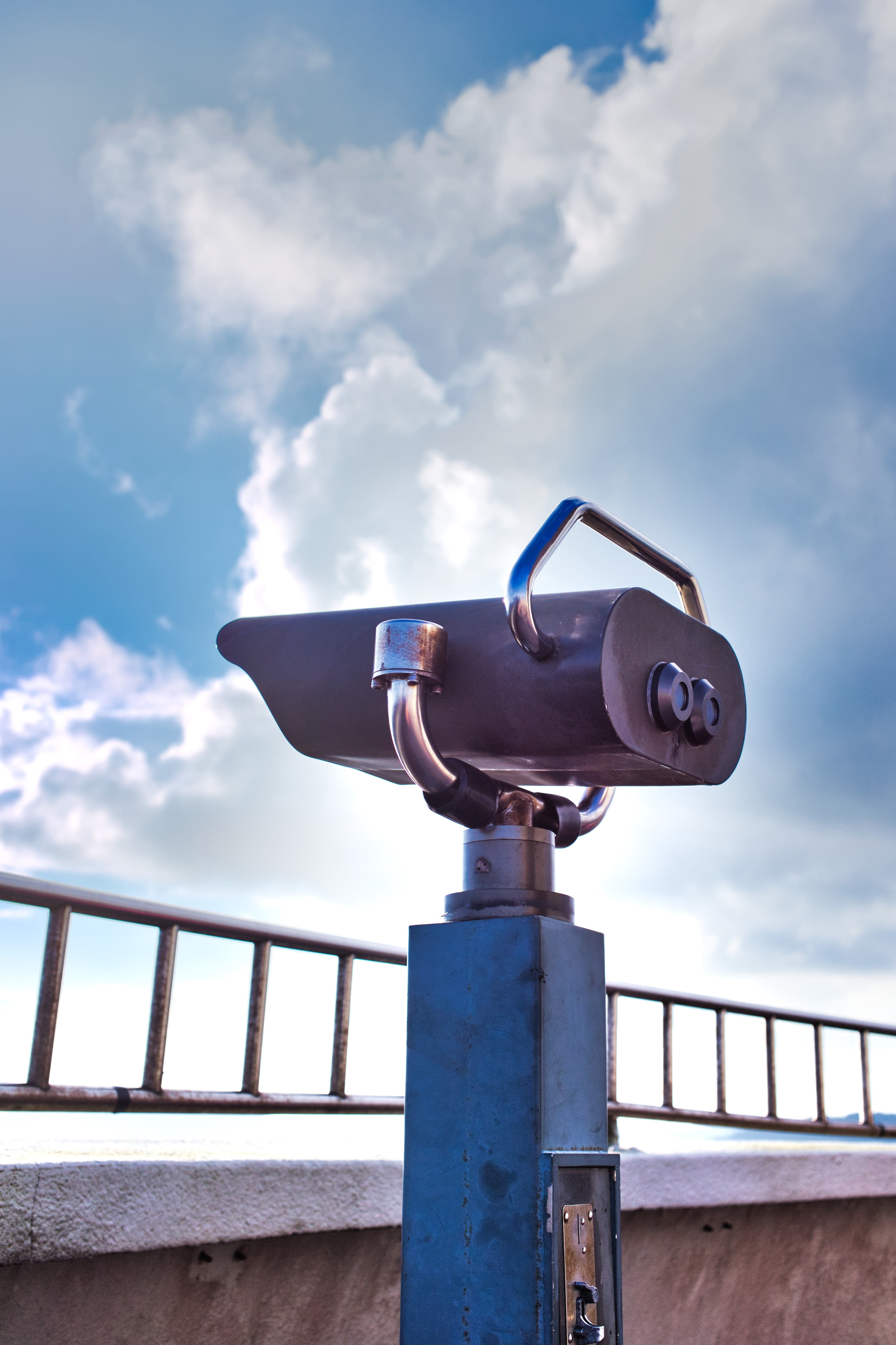 optical instrument, blue, cloud - sky, rustic, security, gazing, outdoors, taiwan, white, technology, no people, nature, low angle view, viewer, sky, view, Phone HD Wallpaper