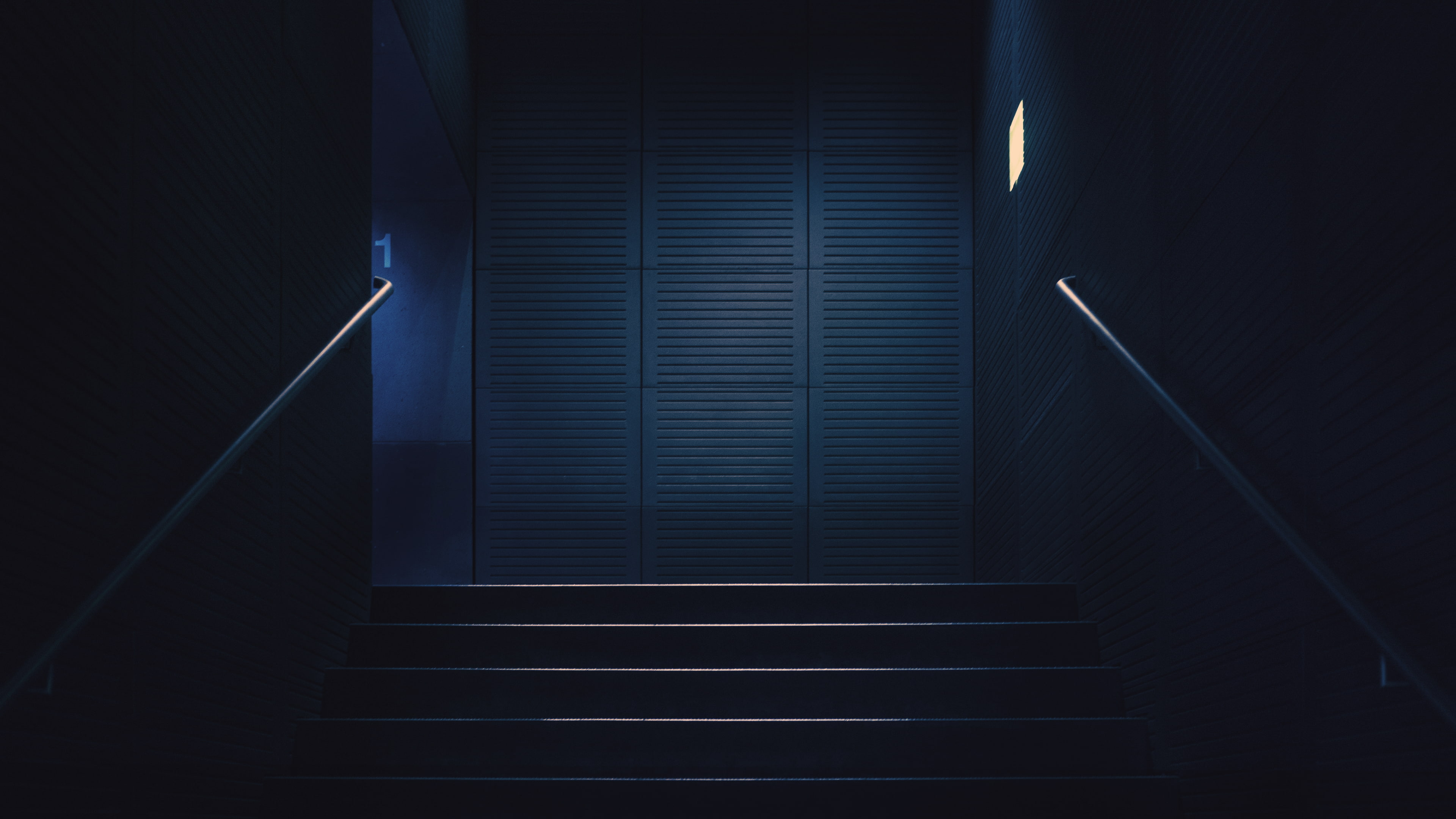 4K, lights, stairway, handrail, blue, numbers, dark, stairs, HD Wallpaper