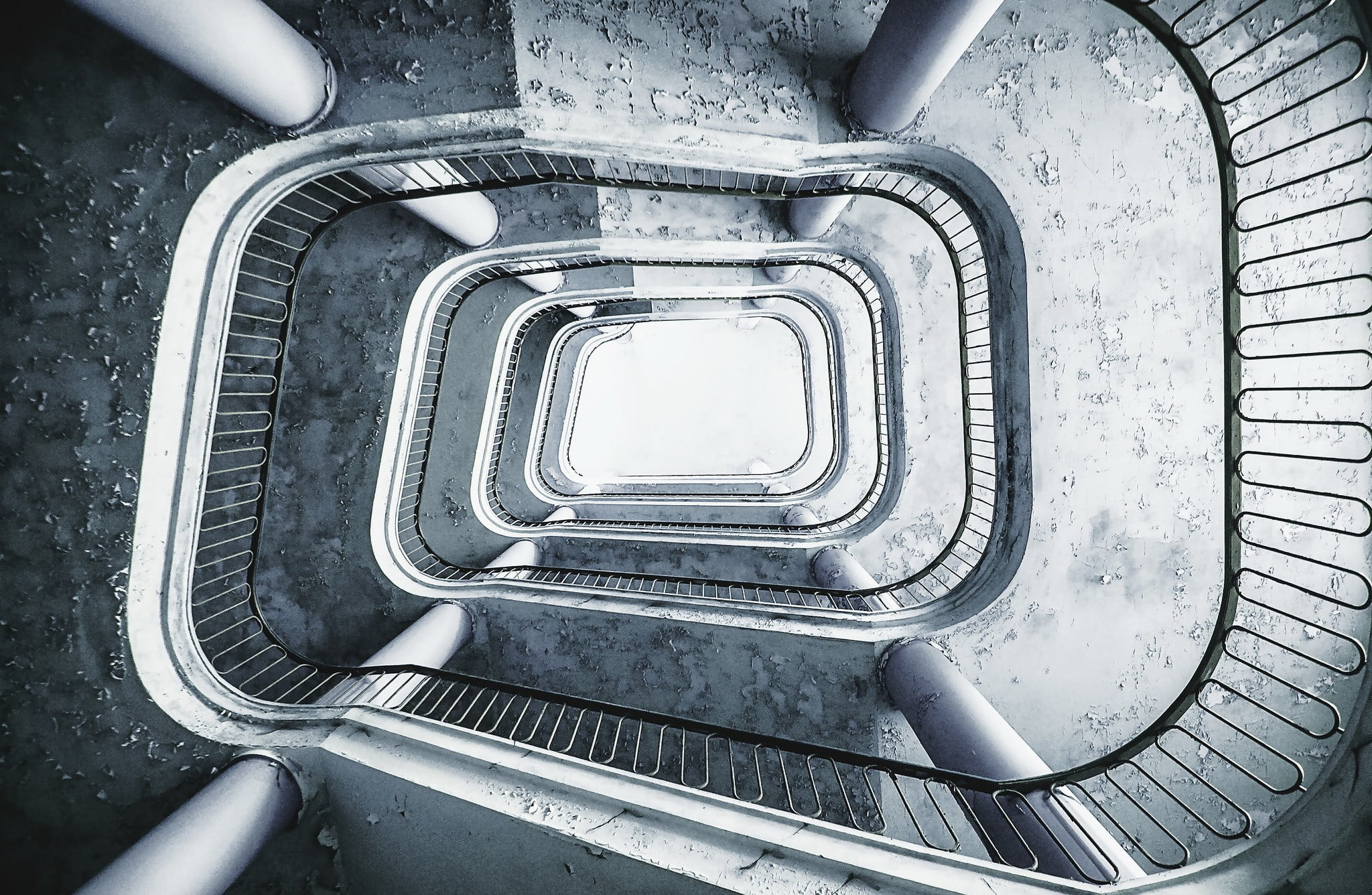 no people, metal, building, spiral staircase, old, built structure, day, architecture, window, railing, pattern, steps and staircases, 1080P, repetition, HD Wallpaper