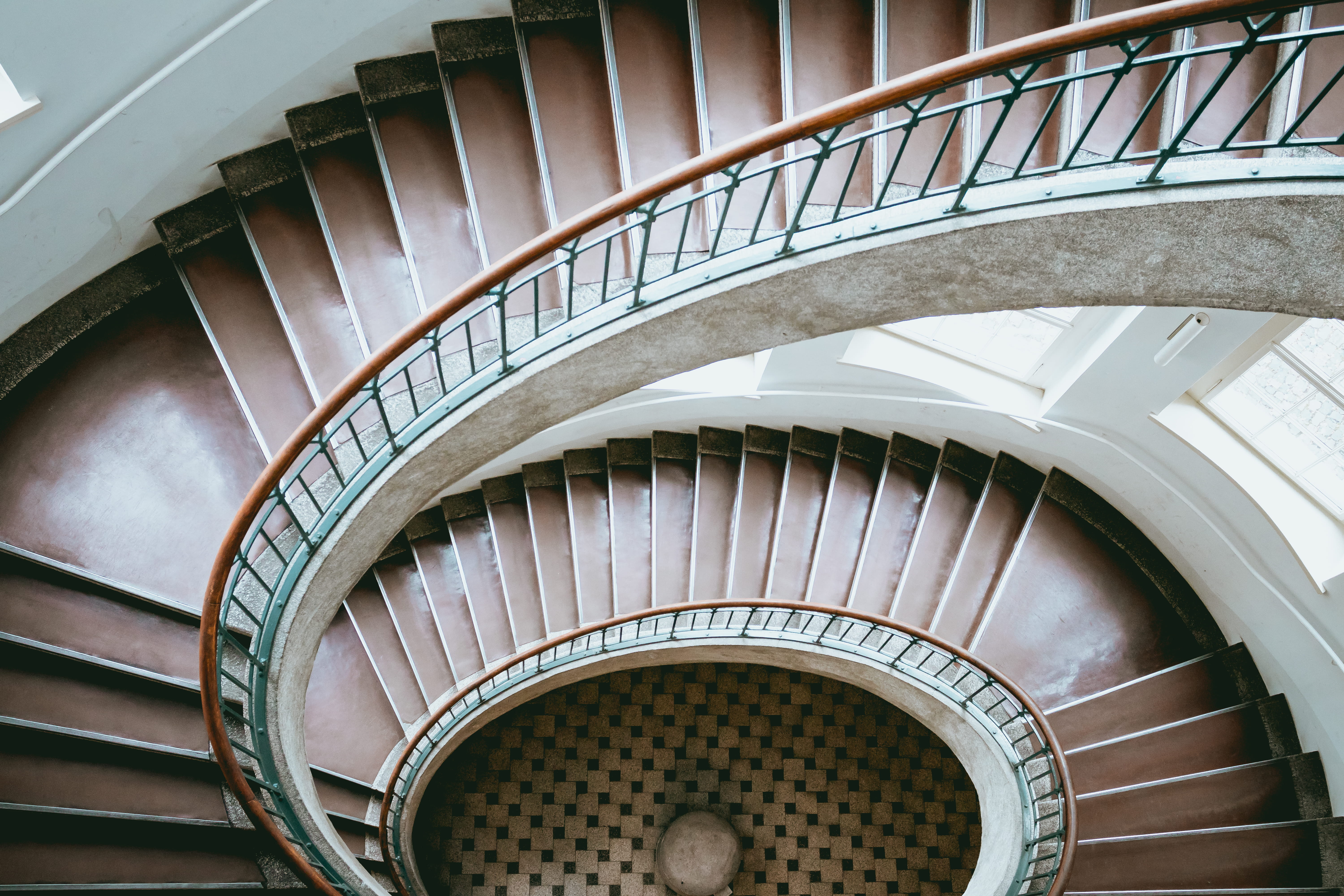 spiral staircase, public, staircase, shape, built structure, railing, pattern, spiral, gropius, vandevelde, no people, high angle view, design, artschool, HD Wallpaper