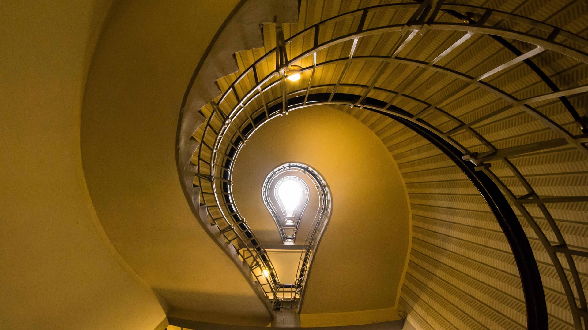 pattern, 1080P, railing, illuminated, spiral, light, indoors, built structure, light at the end of the tunnel, steps and staircases, staircase, no people, HD Wallpaper