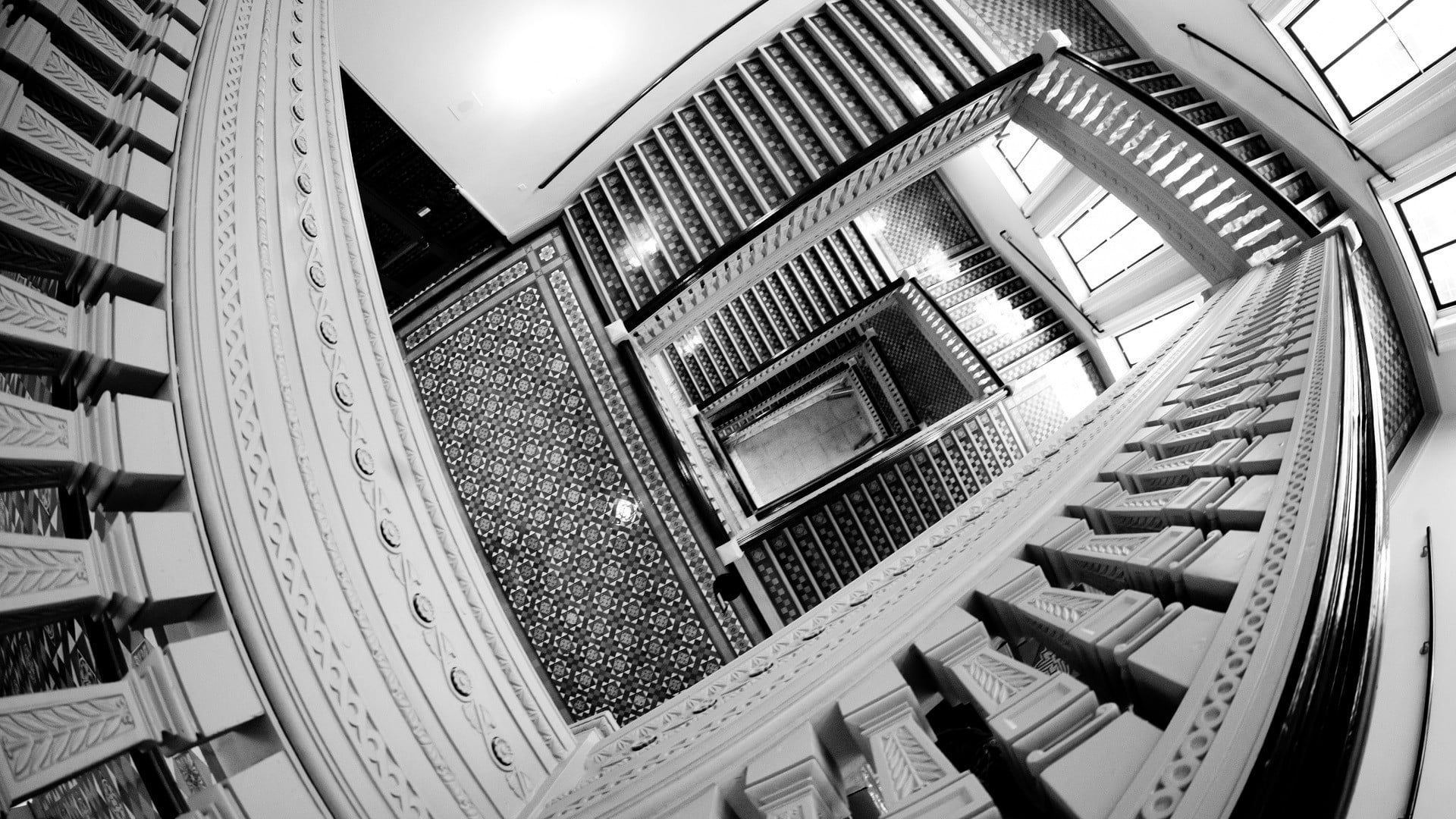 repetition, no people, high angle view, built structure, day, pattern, illuminated, architecture, steps and staircases, stairs, indoors, monochrome, railing, HD Wallpaper