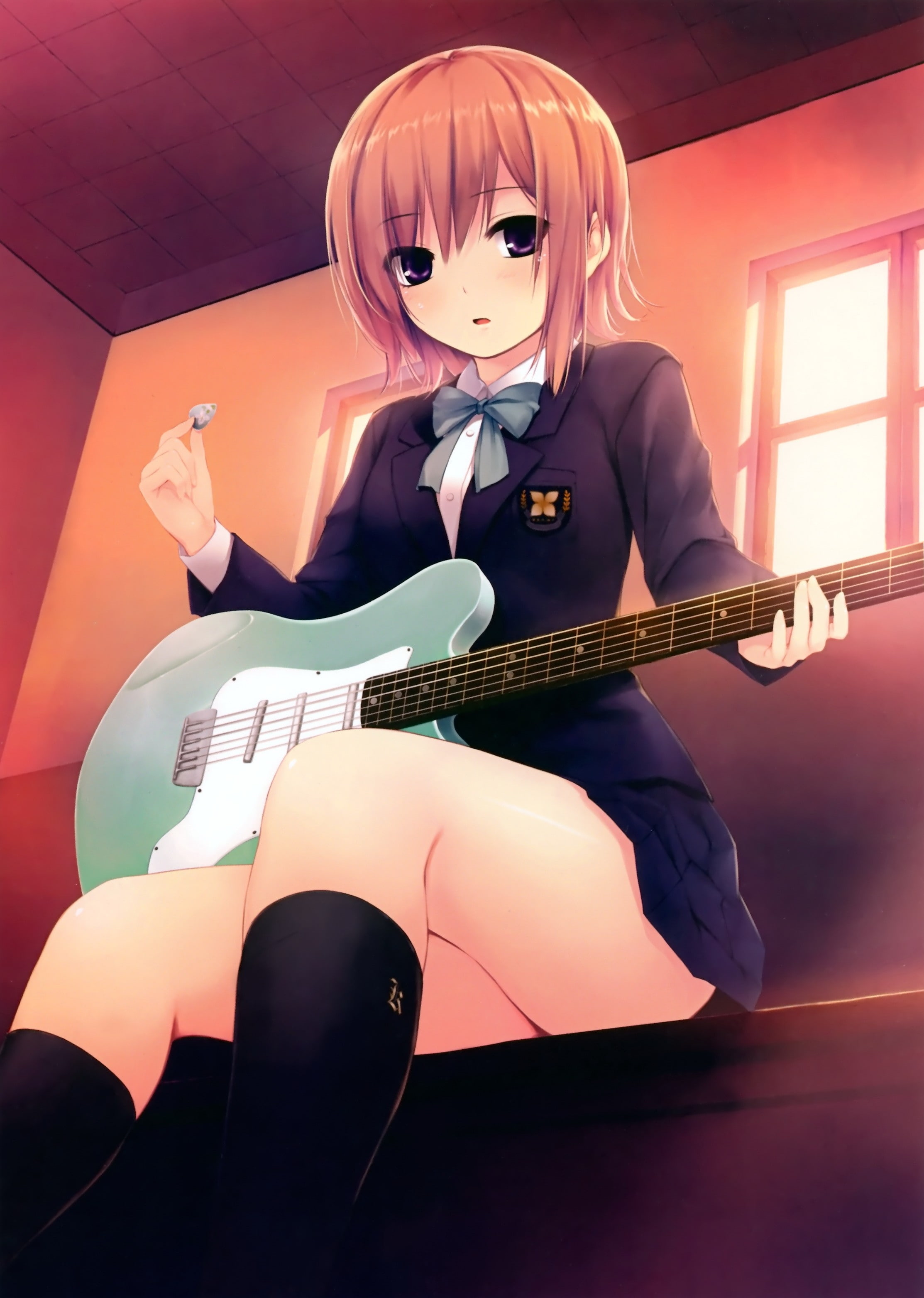 instrume, skirts, anime, school, hd, short, art, indoors, brunettes, hot, schoolgirls, 2K, room, socks, uniforms, hair, jackets, Phone HD Wallpaper