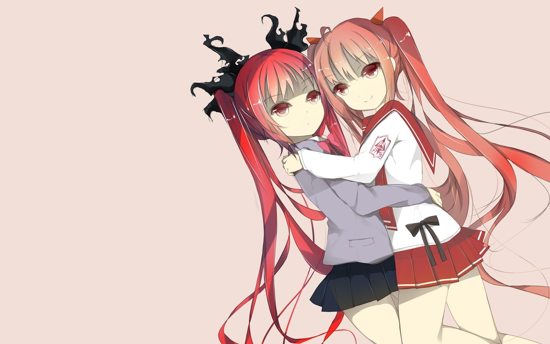 hair, skirts, scarlet, eyes, long, lesbians, pink, horns, red, redheads, twintails, 1080P, school, school uniforms, art, uniforms, ribbons, aria, hd, people, HD Wallpaper