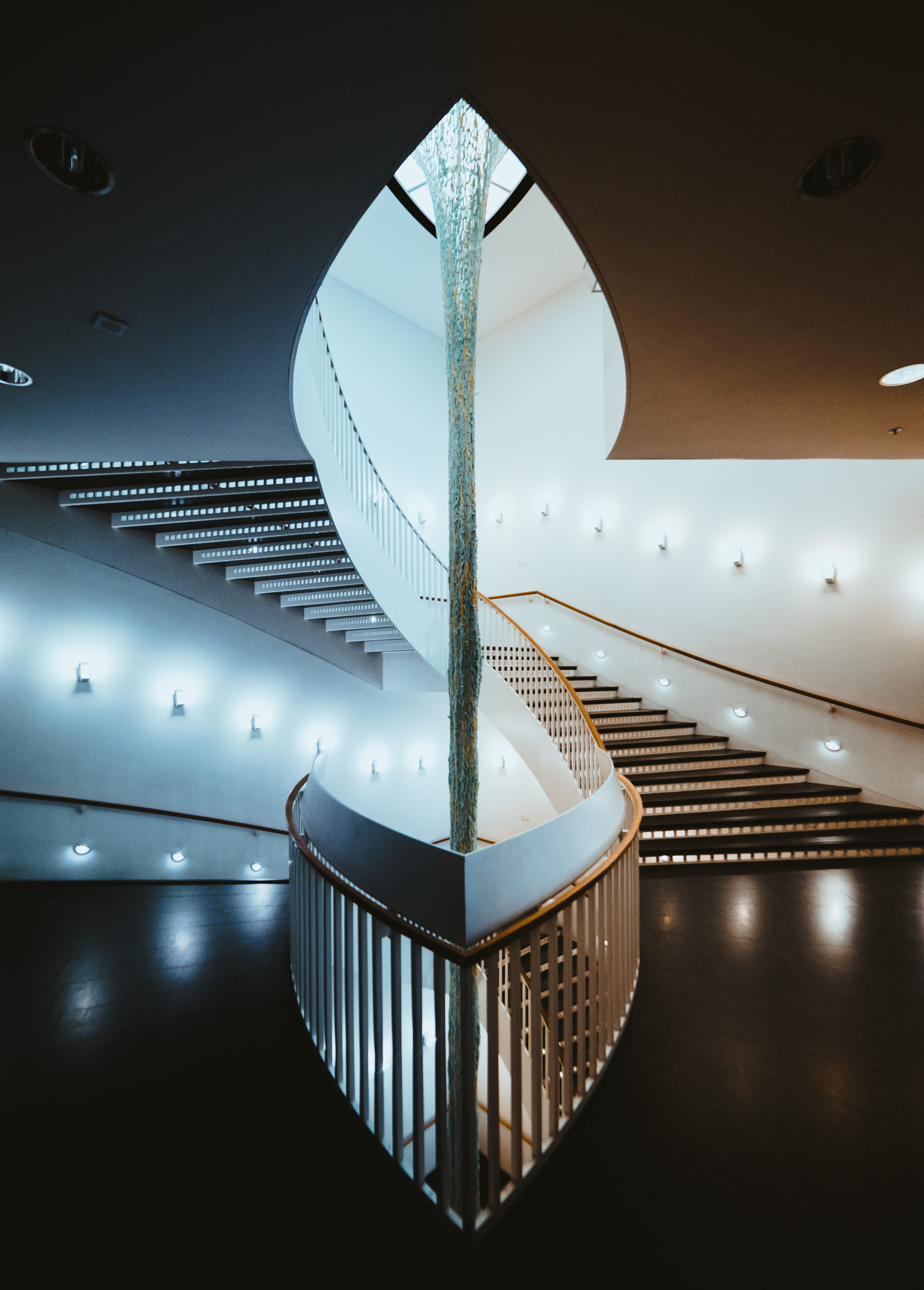 wall - Building Feature, modern, no People, stairs, built Structure, illuminated, indoors, ceiling, building, spiral stair, staircase, art gallery, step, Phone HD Wallpaper