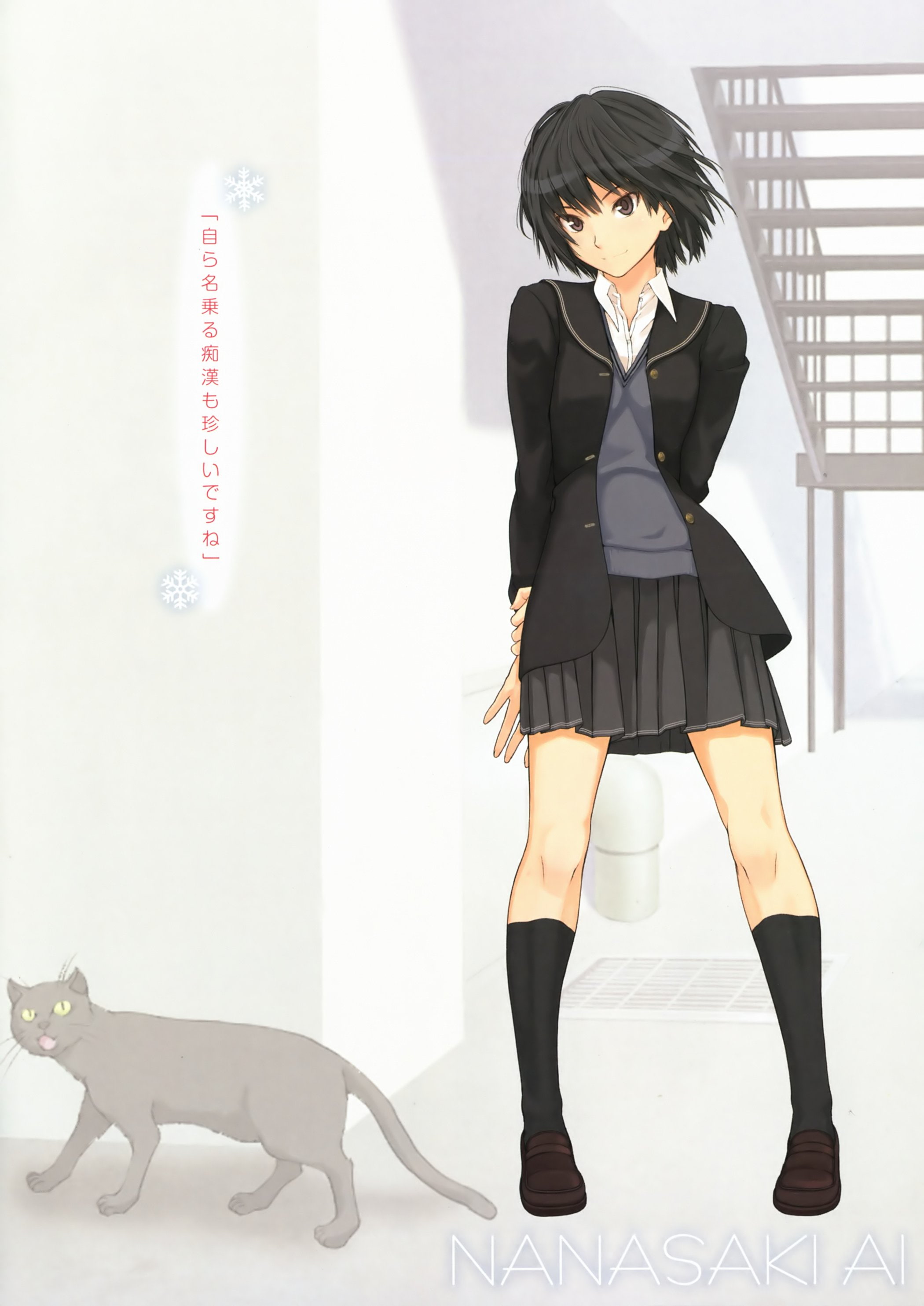 short, eyes, cats, blazer, scans, amagami, black, knee, animals, open, bangs, brown, socks, girls, stairways, clothes, 2K, text, school, schoolgirls, indoors, Phone HD Wallpaper