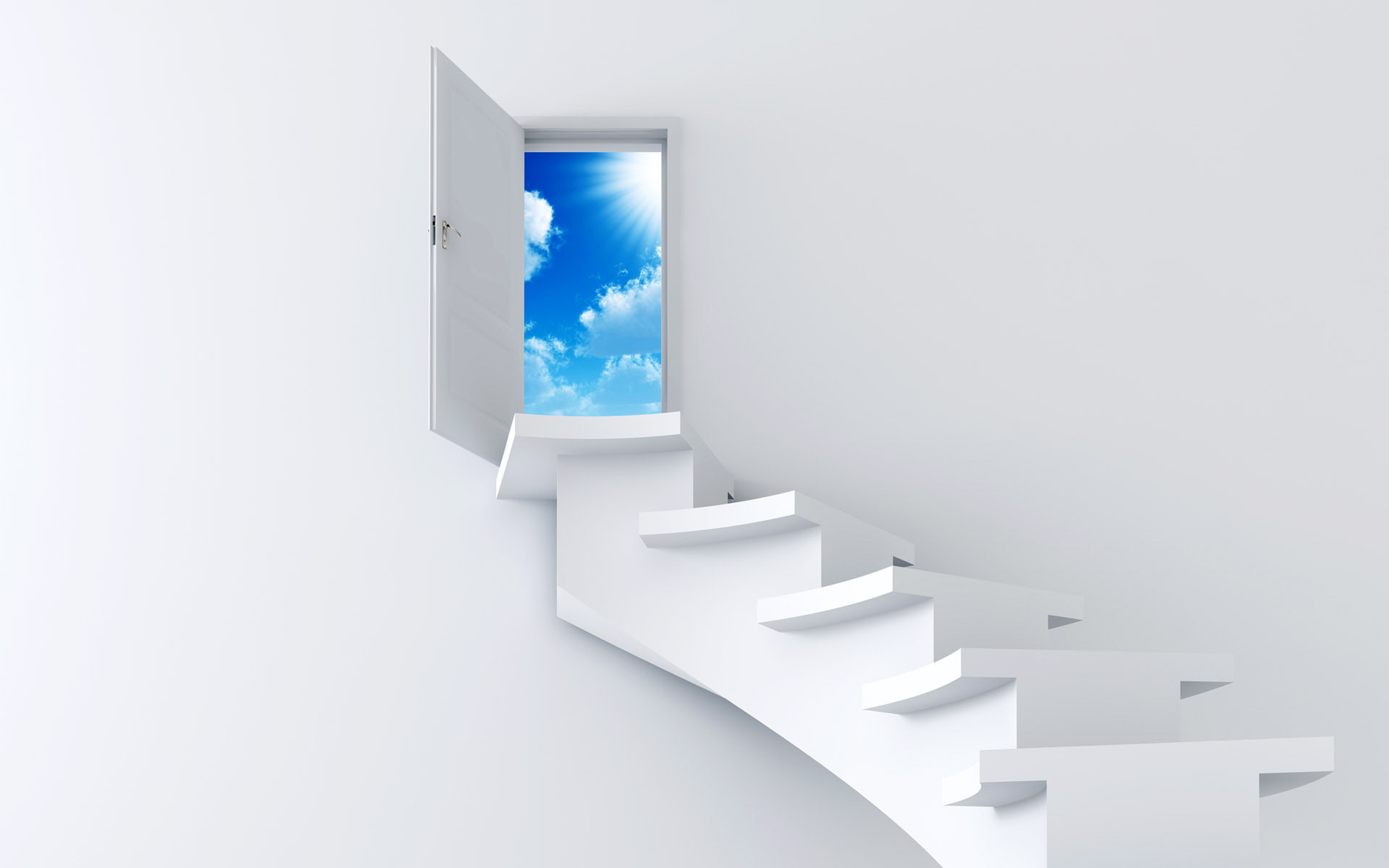 stairs, wooden, stairway, amazing, door, 1080P, sky, white, HD Wallpaper