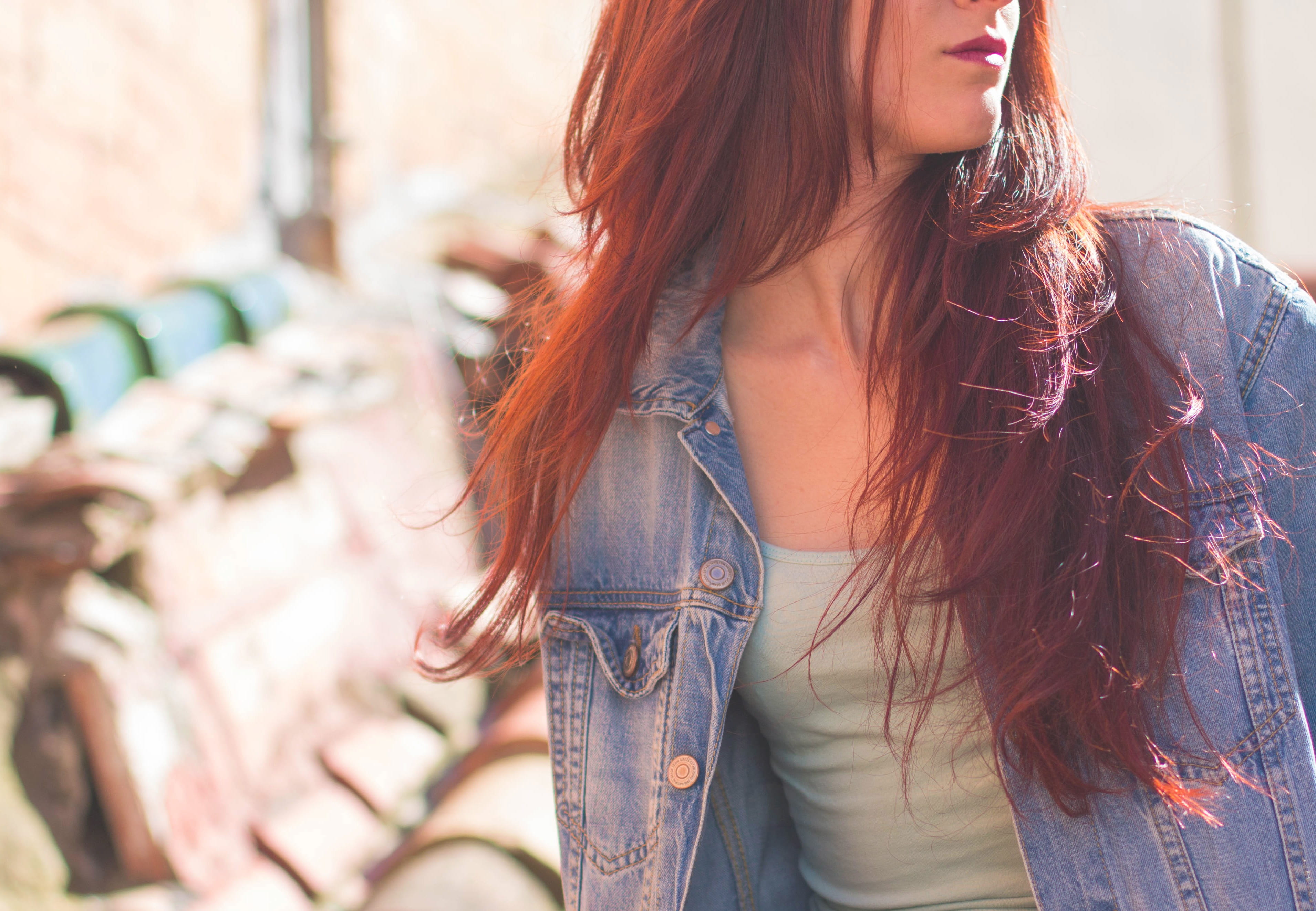 contemplation, looking, one person, blue, casual clothing, outdoors, denim, disheveled, redhead, female, brown hair, model, woman, photo, hairstyle, long hair, HD Wallpaper