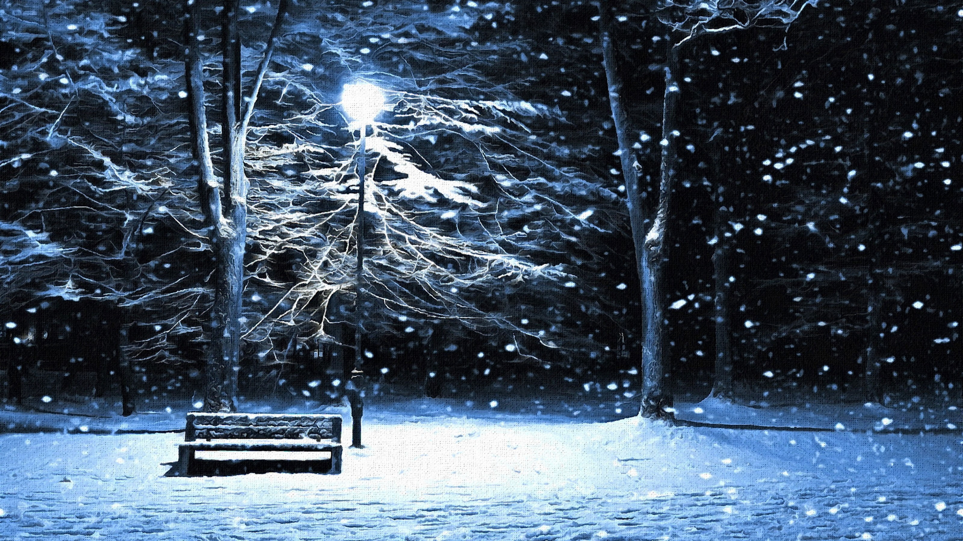 snowing, night, no people, covering, scenics - nature, extreme weather, plant, artwork, tree, nature, cold temperature, bench, white color, non-urban scene, HD Wallpaper