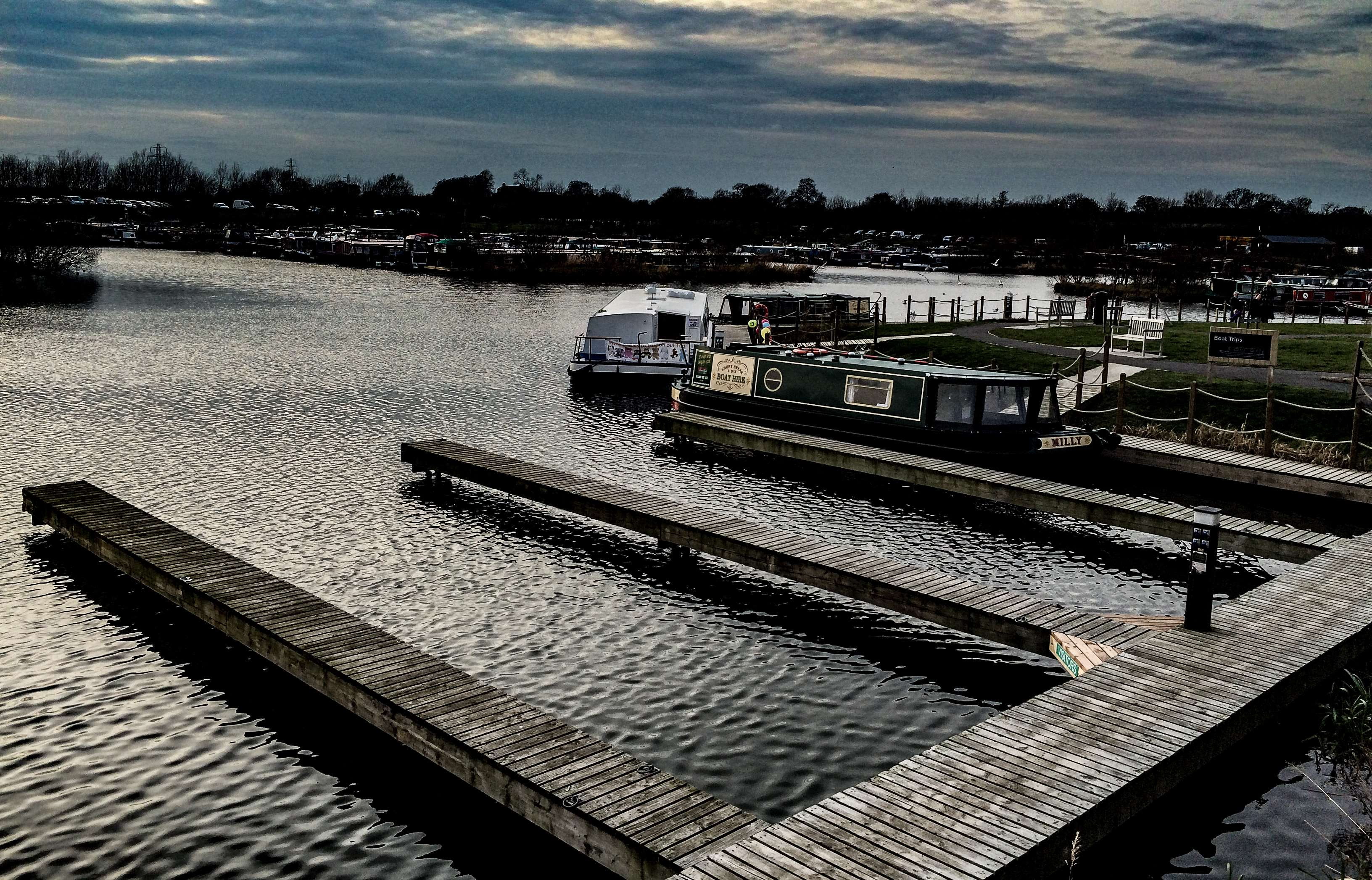 cloud - sky, no people, canal barge, wooden walkways, travel, outdoors, theme numbers, water, 2K, rail transportation, west mercia marina, day, train, HD Wallpaper