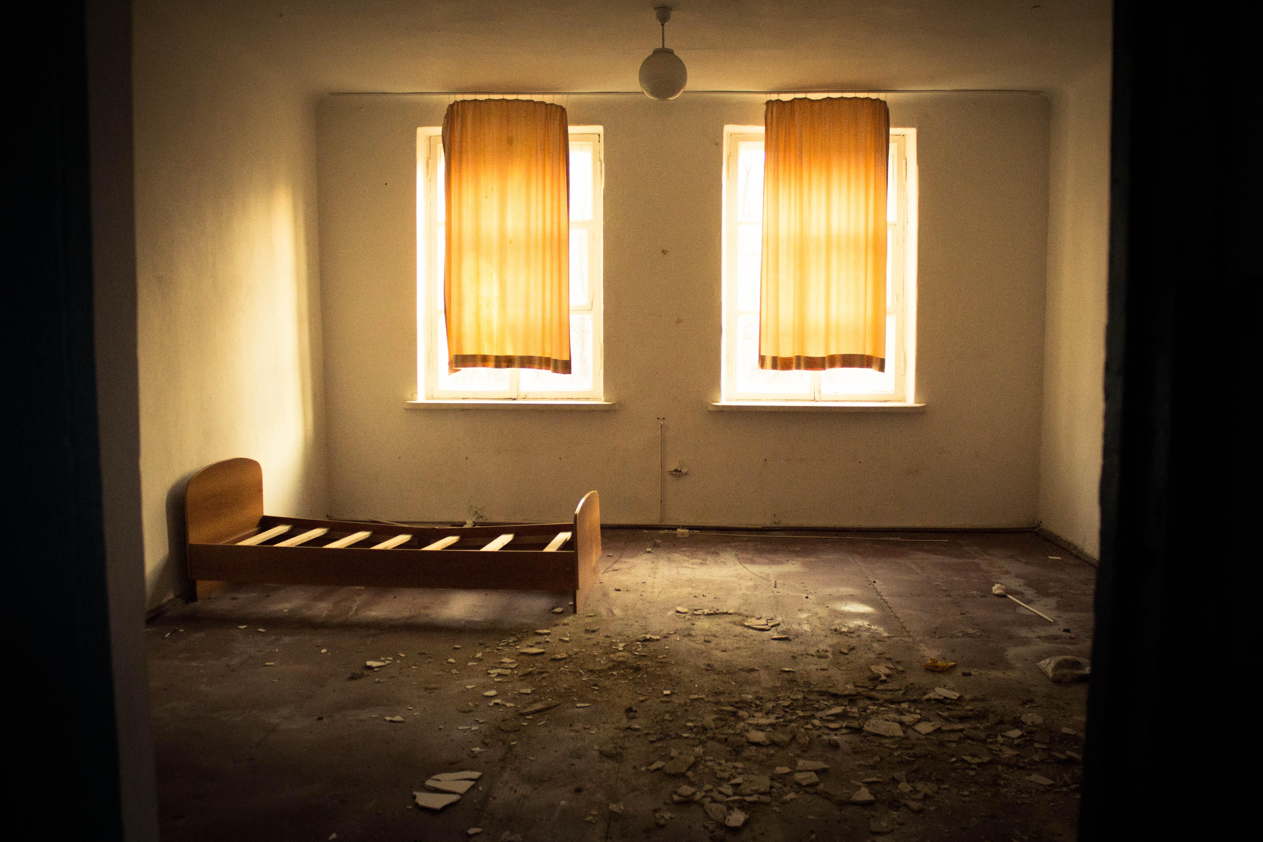 furniture, no people, domestic room, architecture, built structure, evening, window, slatted, wall, beside, bed, history, abandoned, building, brown, old, HD Wallpaper