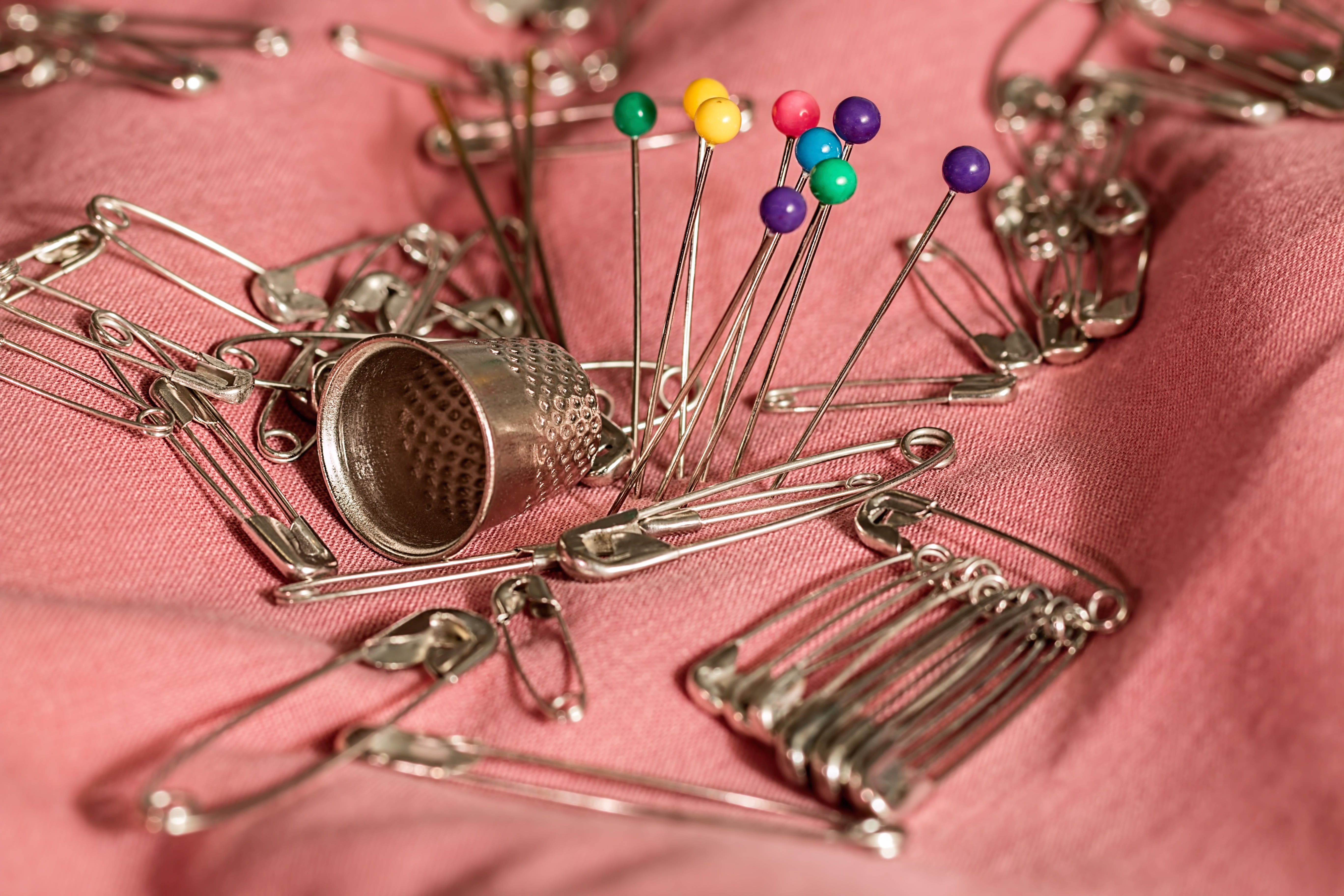 art and craft, prick, repair, no people, needle, studio shot, safety pins, mending, tablecloth, 5K, day, choice, close-up, haberdashery, creativity, silver, HD Wallpaper