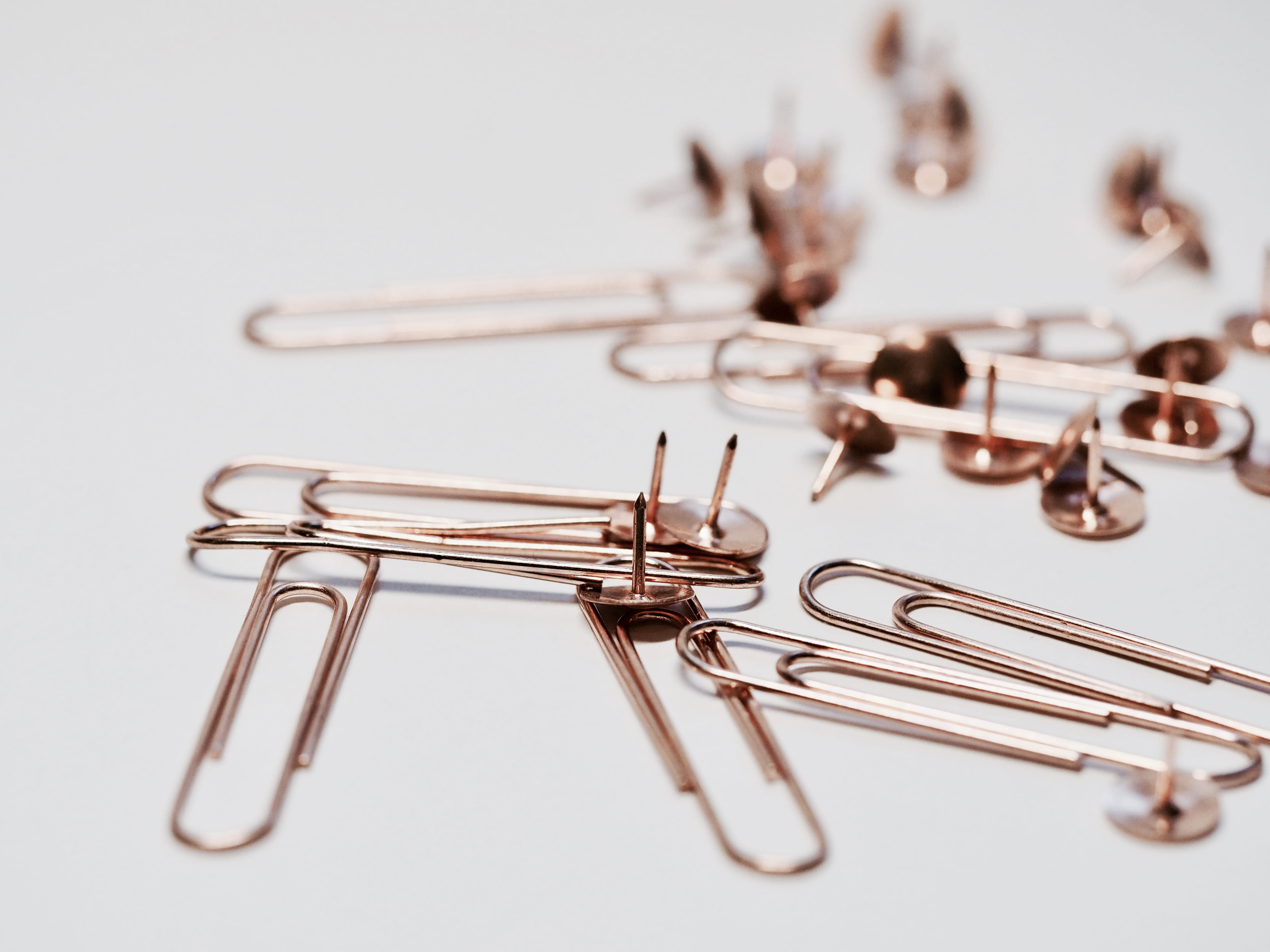 office, high angle view, metal, equipment, no people, studio shot, office equipment, group of objects, still life, rose gold, clip, variation, indoors, HD Wallpaper