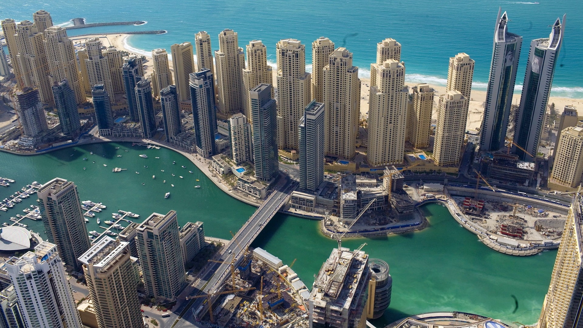 dubai, skyscrapers, uae, coast, 1080P, buildings, bridge, sea, HD Wallpaper